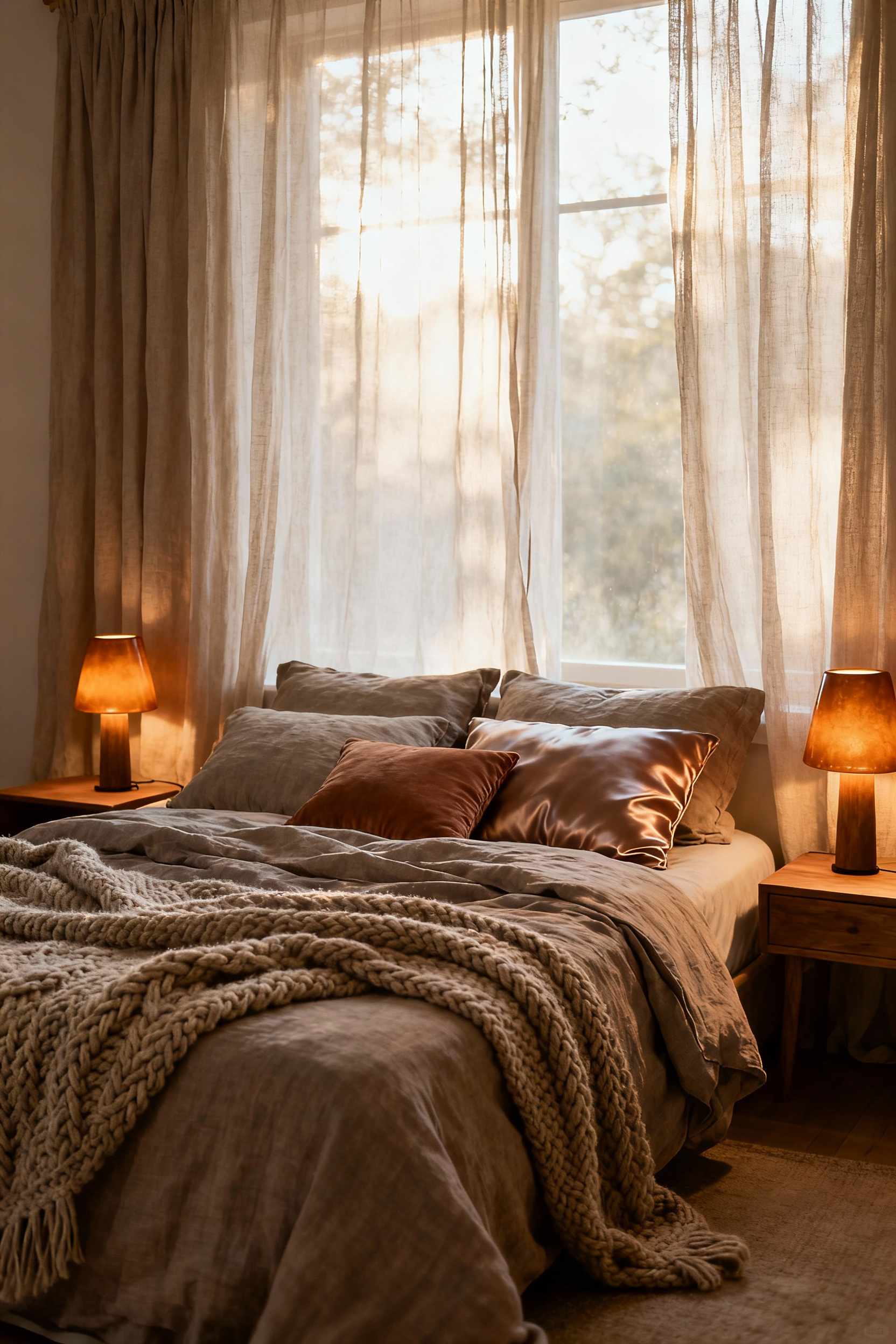 A tranquil Hygge romantic bedroom with soft linen bedding, a wool throw, and warm, indirect lighting creating a cozy, serene atmosphere.