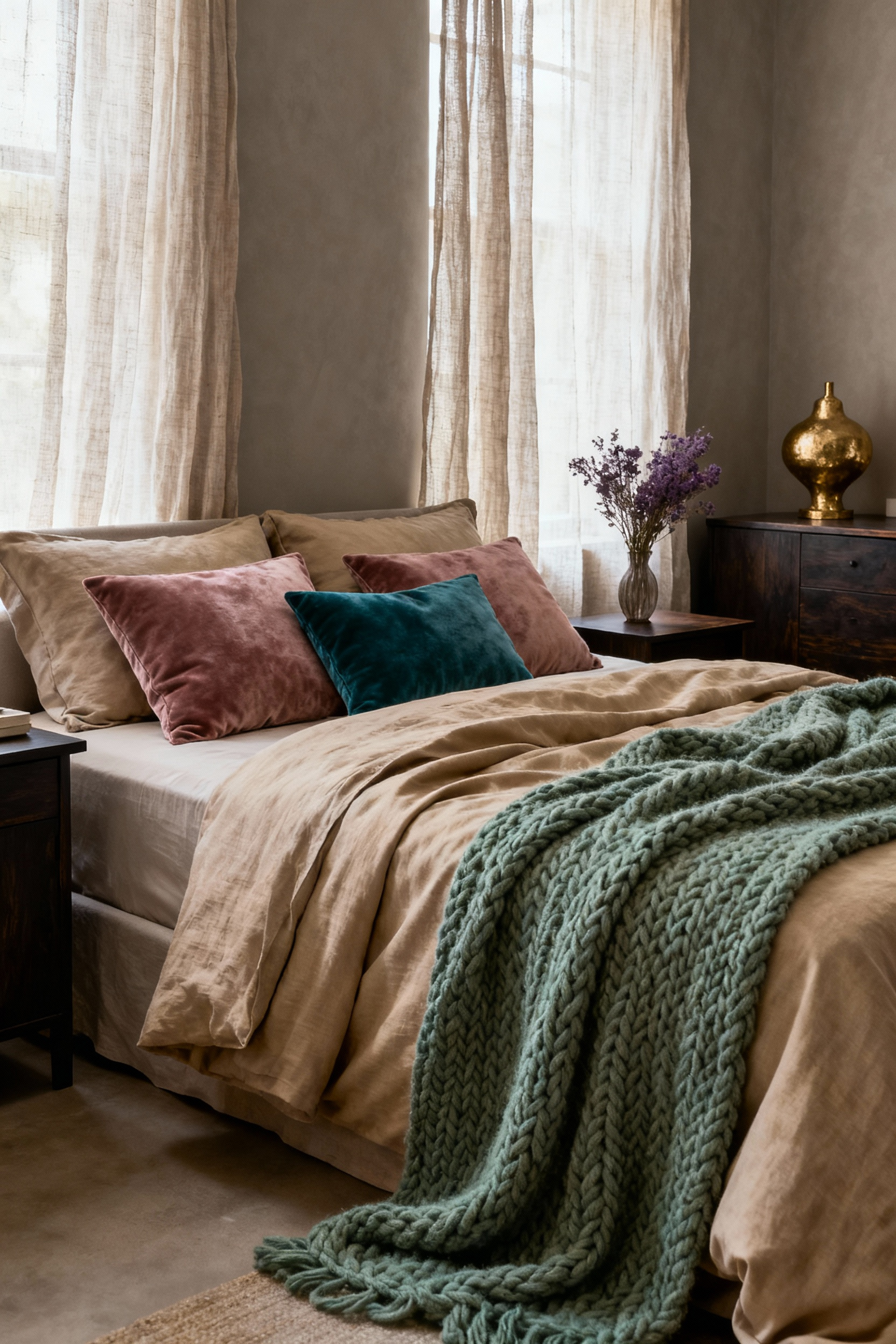 Romantic bedroom interior featuring a tranquil color palette of desaturated warm greige walls, sandy beige linen bedding, muted sage green knit throw, dusty rose and deep teal velvet pillows, artisan wood furniture, subtle burnished gold and amethyst accents, and sheer linen drapes. A sophisticated Hygge aesthetic with rich textures and soft lighting.