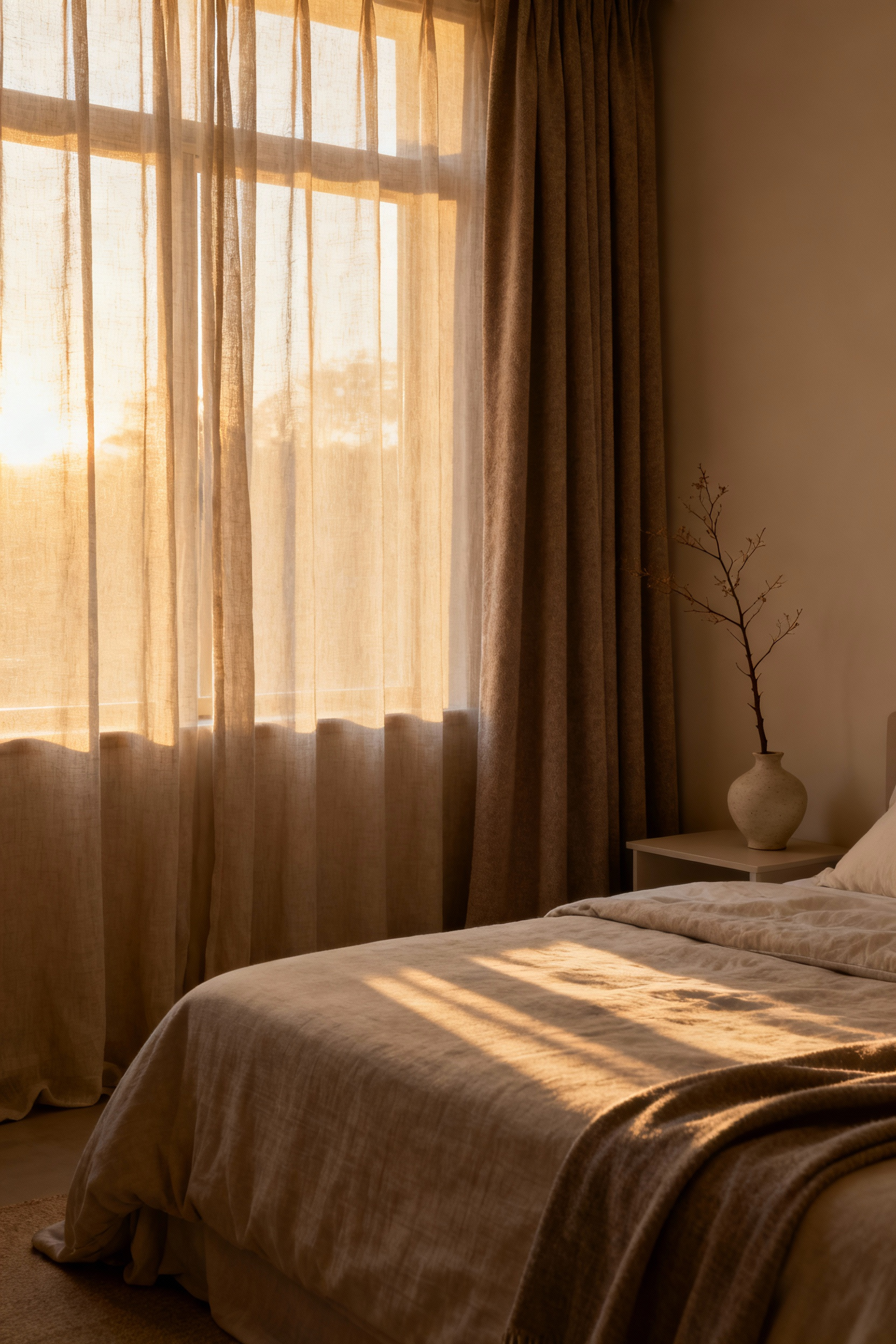 Romantic bedroom with layered window dressings, including sheer linen and opaque wool drapes, filtering soft dawn light for a tranquil, hygge ambiance.