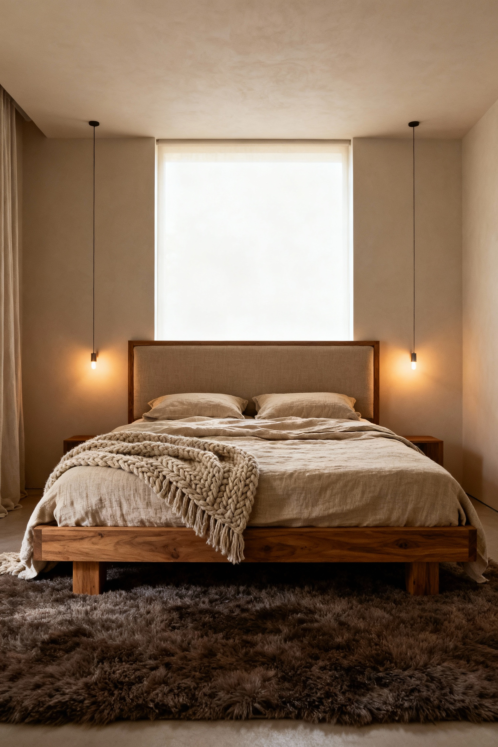 Centrally placed solid oak and linen bed, layered with organic textiles, illuminated by warm, dimmable lighting, creating a romantic, unified, and comfortable Hygge-inspired bedroom setting.