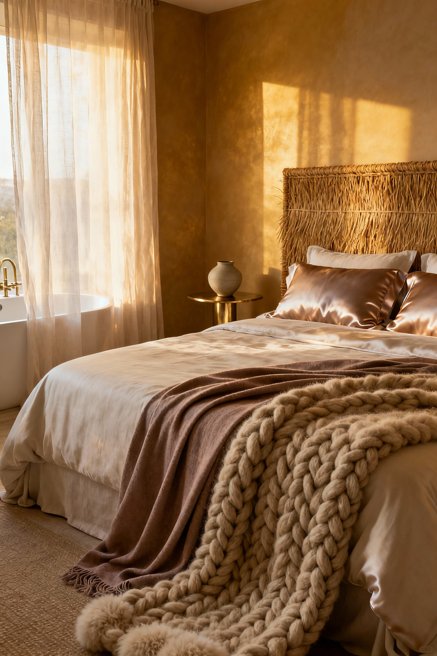 Romantic bedroom interior showcasing textural synthesis with silk pillowcases, linen bedding, cashmere throw, and a woven rush headboard under soft morning light, emphasizing ethereal allure.