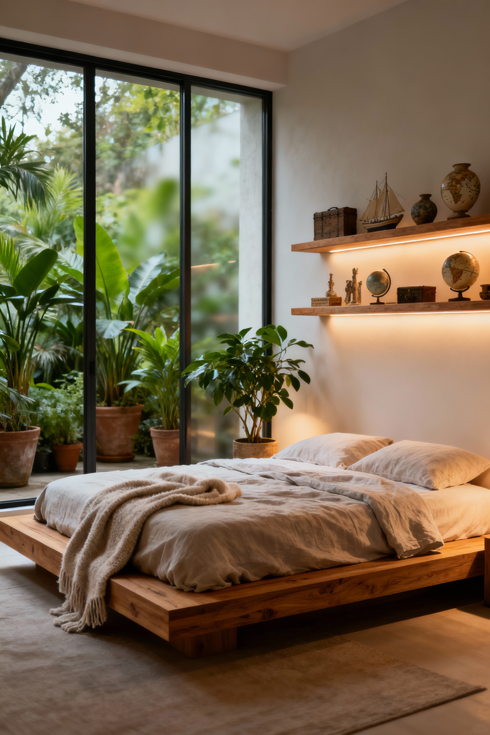 Romantic bedroom with biophilic design elements, personal artifacts, oak bed, organic linen, houseplants, and soft natural light, reflecting authentic harmony and personal narratives.