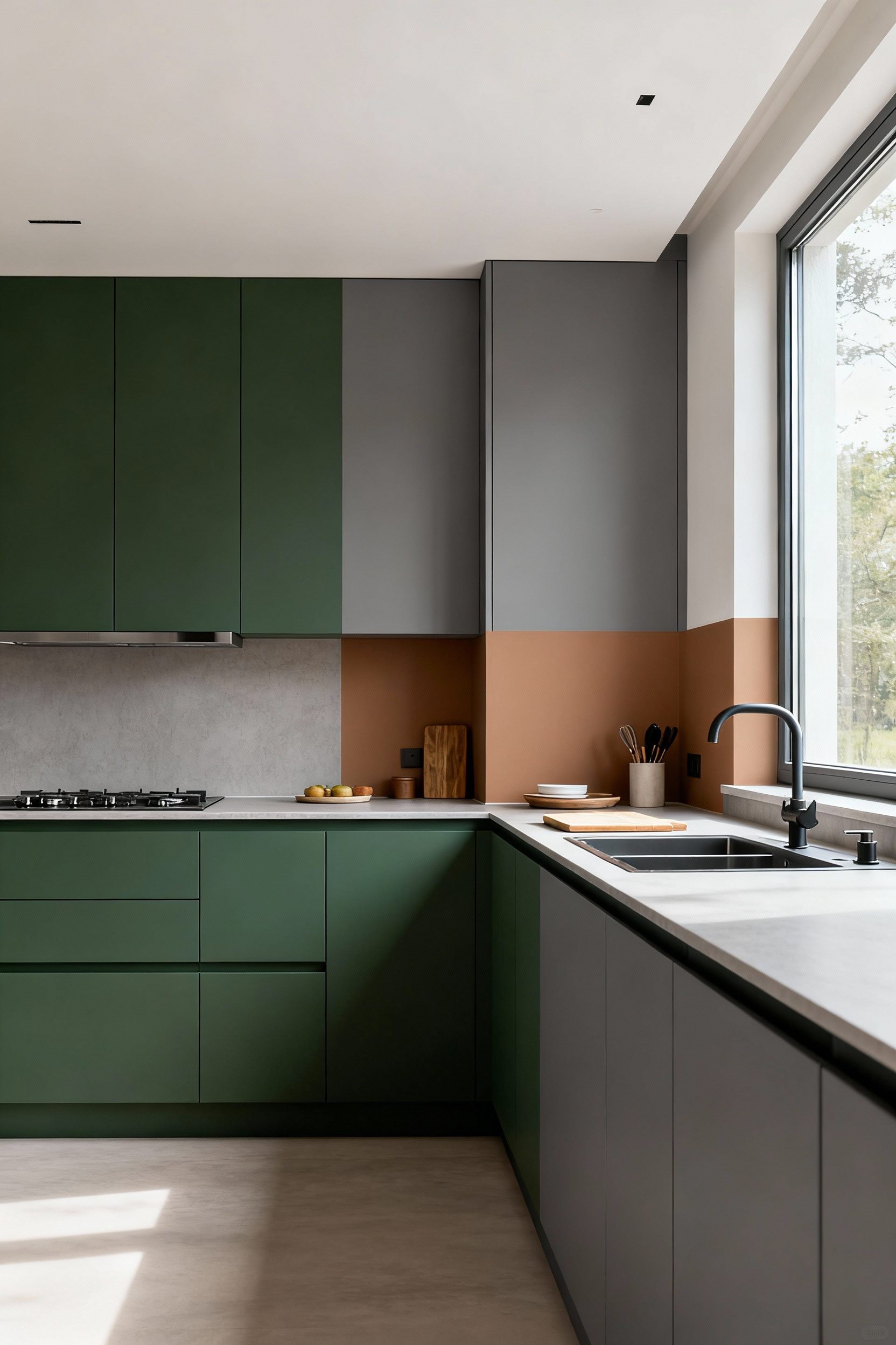 Modern Scandinavian kitchen with two-tone cabinetry, featuring light grey upper cabinets and muted green lower cabinets, designed for vertical segmentation and functional zoning under natural light.