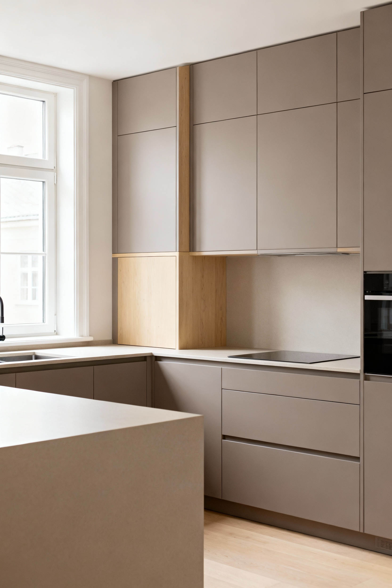 Elegant Scandinavian kitchen featuring muted warm grey cabinets, blonde wood, and bright natural light, embodying timeless design principles for lasting beauty.