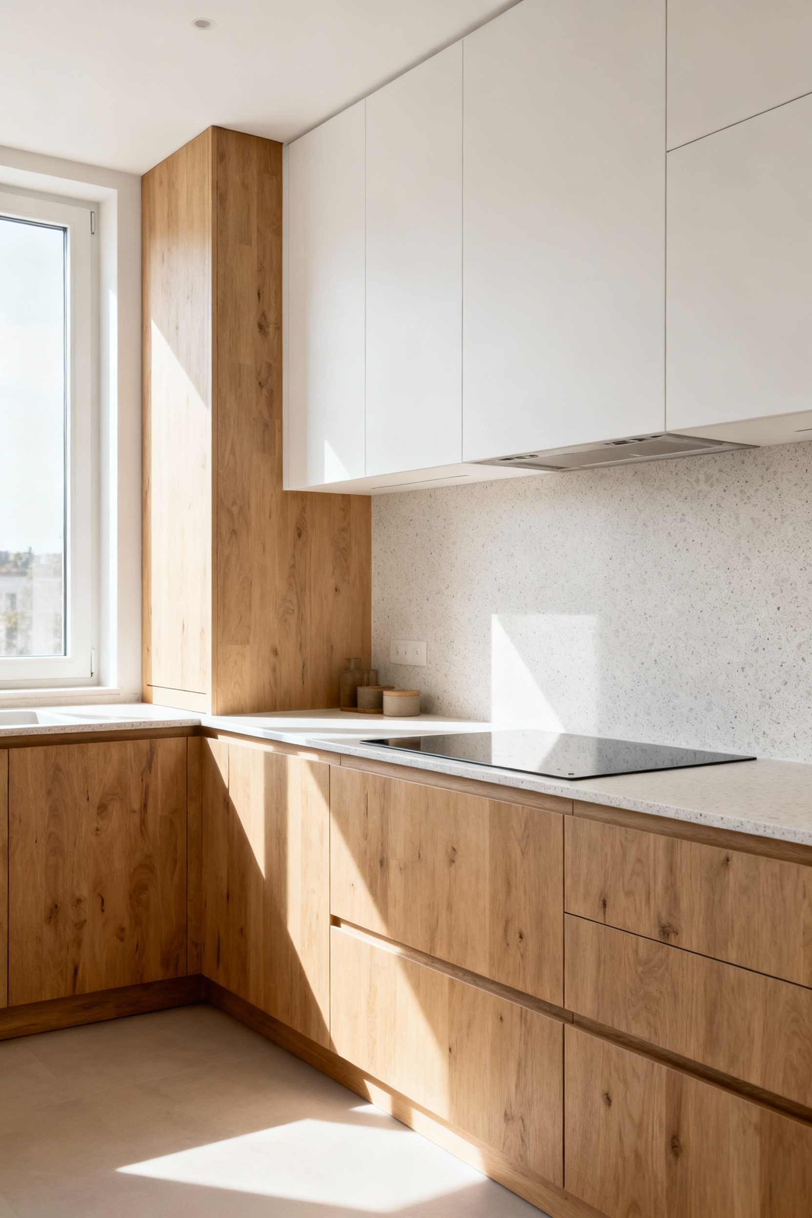 A modern Scandinavian kitchen showcasing various light-toned, low-maintenance cabinet finishes with subtle textures, highlighting the virtue of cleanability for a serene home environment.