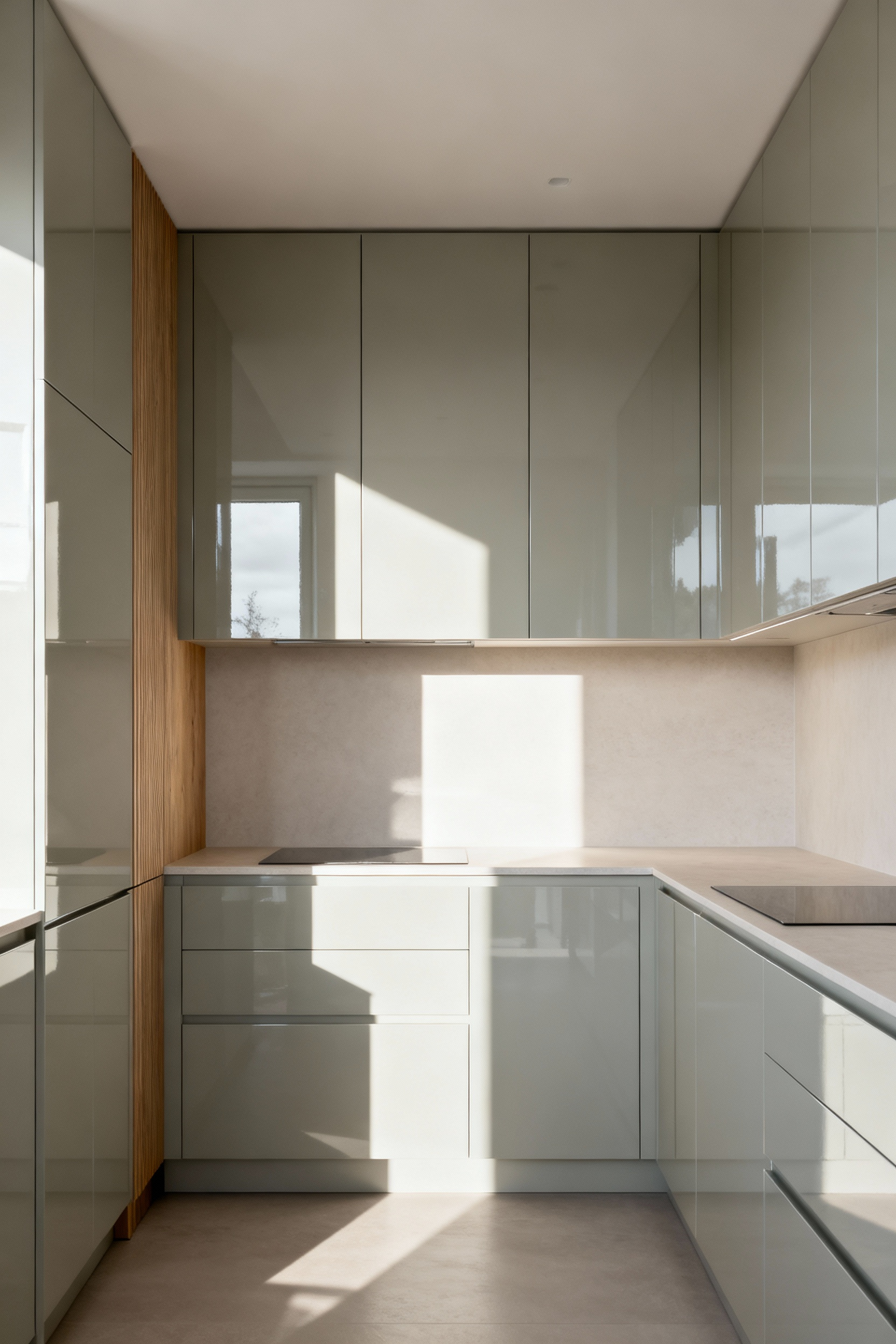 Bright Scandinavian kitchen with reflective pale grey cabinets, amplifying natural light and creating an expansive feel.