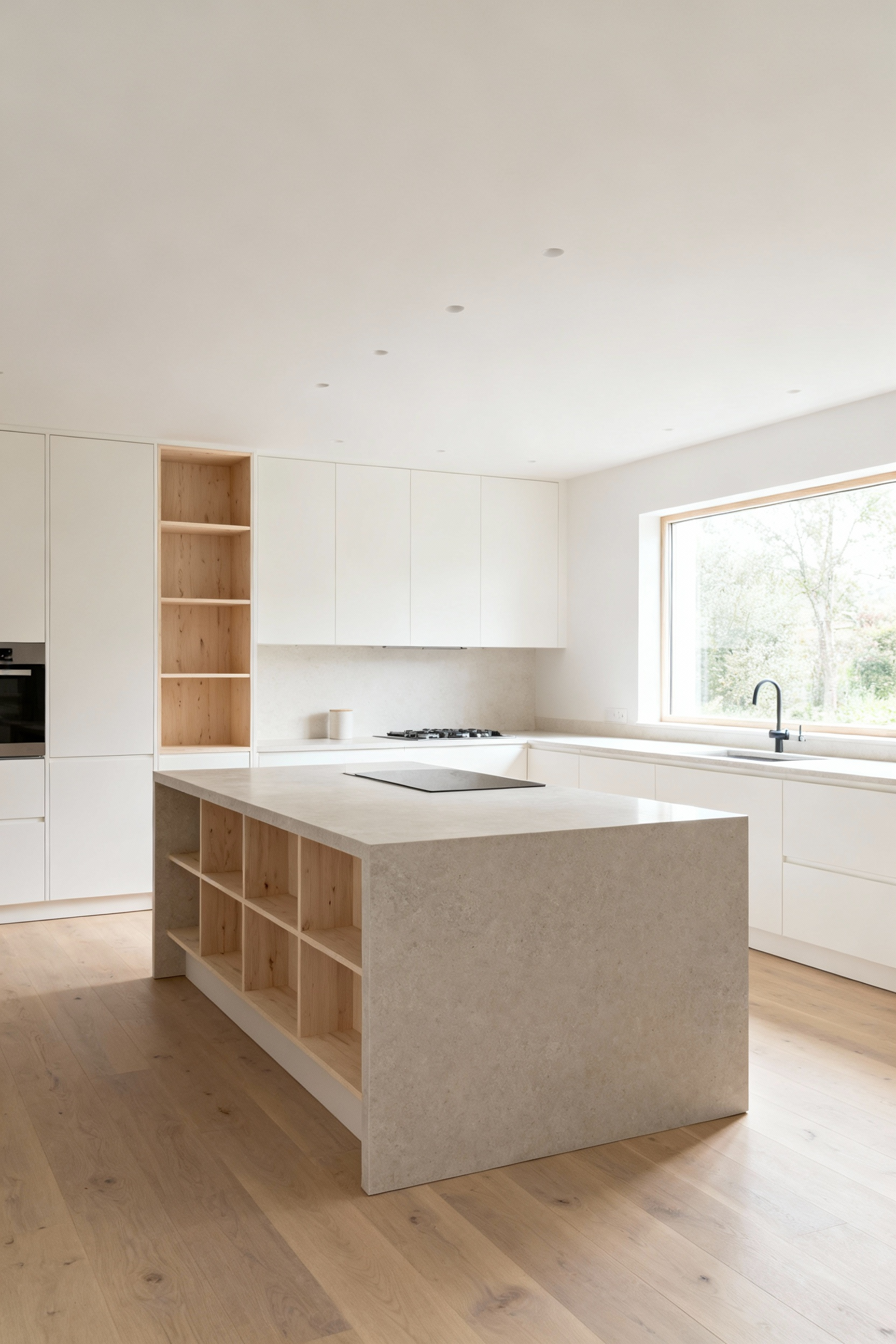 Bright Scandinavian kitchen showcasing light off-white cabinets, natural wood flooring, and soft natural light, embodying the 'Lyse' imperative for enhanced luminescence.