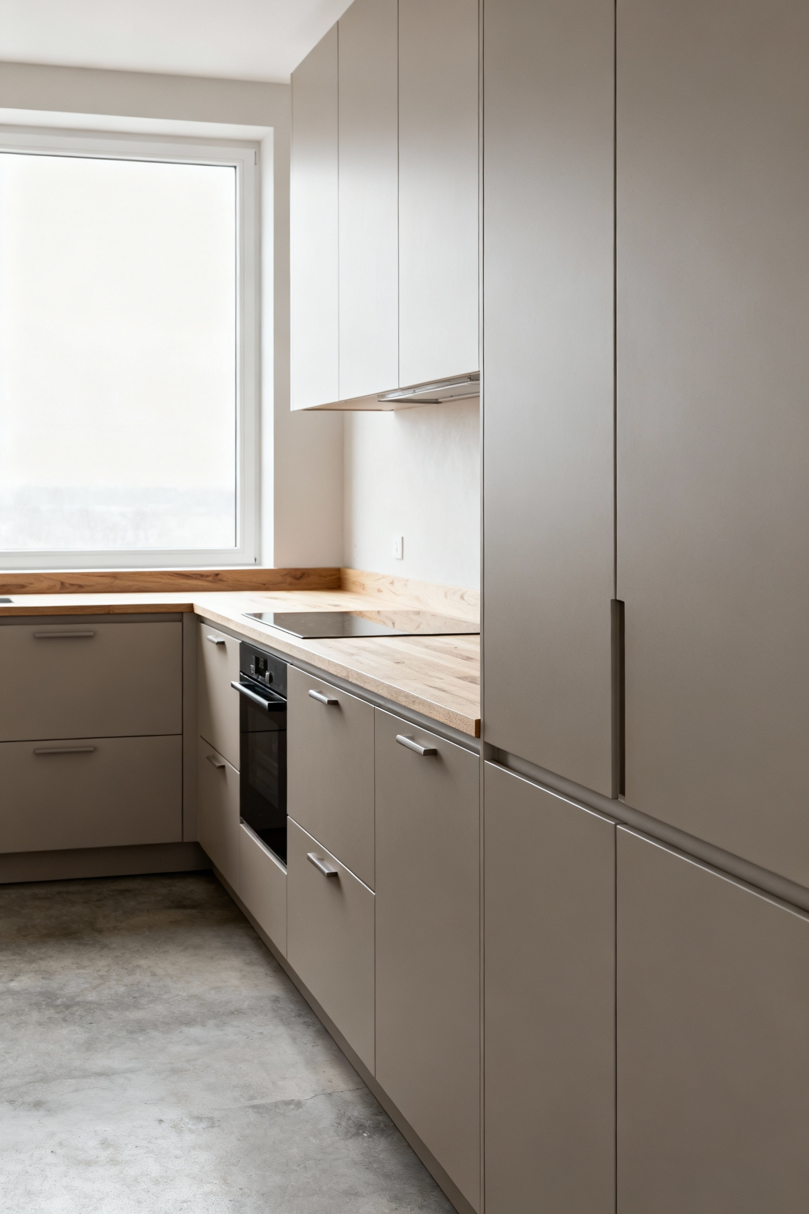 Portrait view of a modern Scandinavian kitchen featuring greige and muted earth tone cabinets, light wood accents, and abundant natural light, highlighting subtle textures.