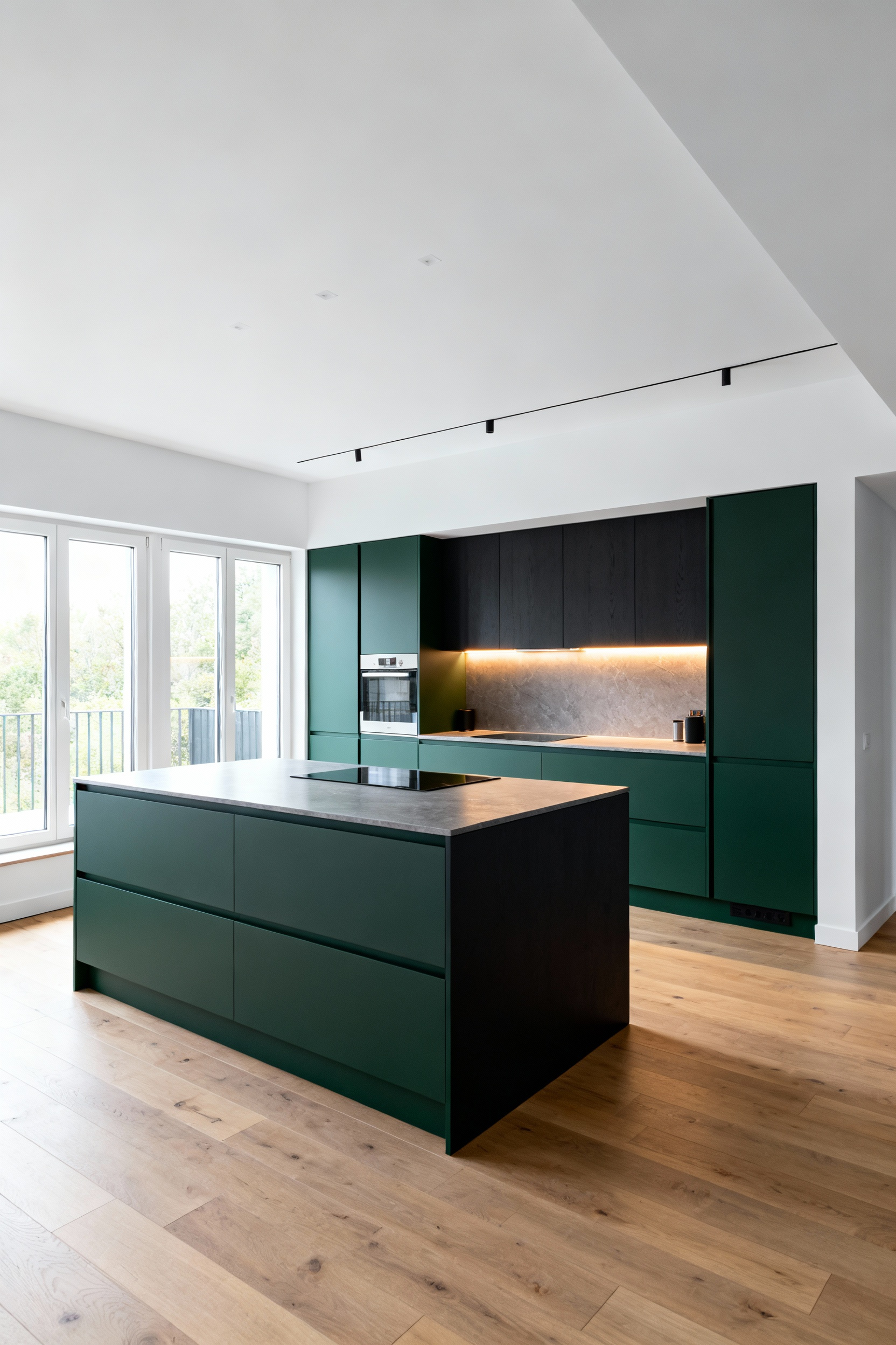 Scandinavian open-concept kitchen with deep forest green base cabinets, grounding the space and establishing visual weight. Light walls and wooden floors contrast the deep cabinet colors, showing stability and definition in the culinary area.