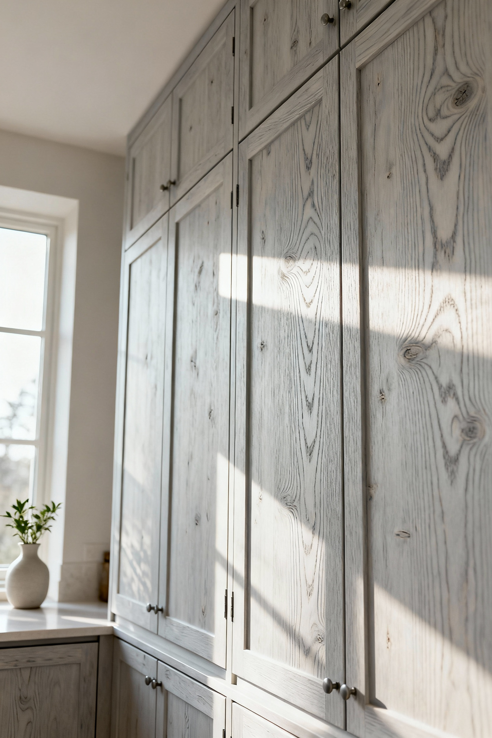 Portrait image of a Scandinavian kitchen with birch wood cabinets treated with a transparent pale grey stain, showing visible wood grain patterns.