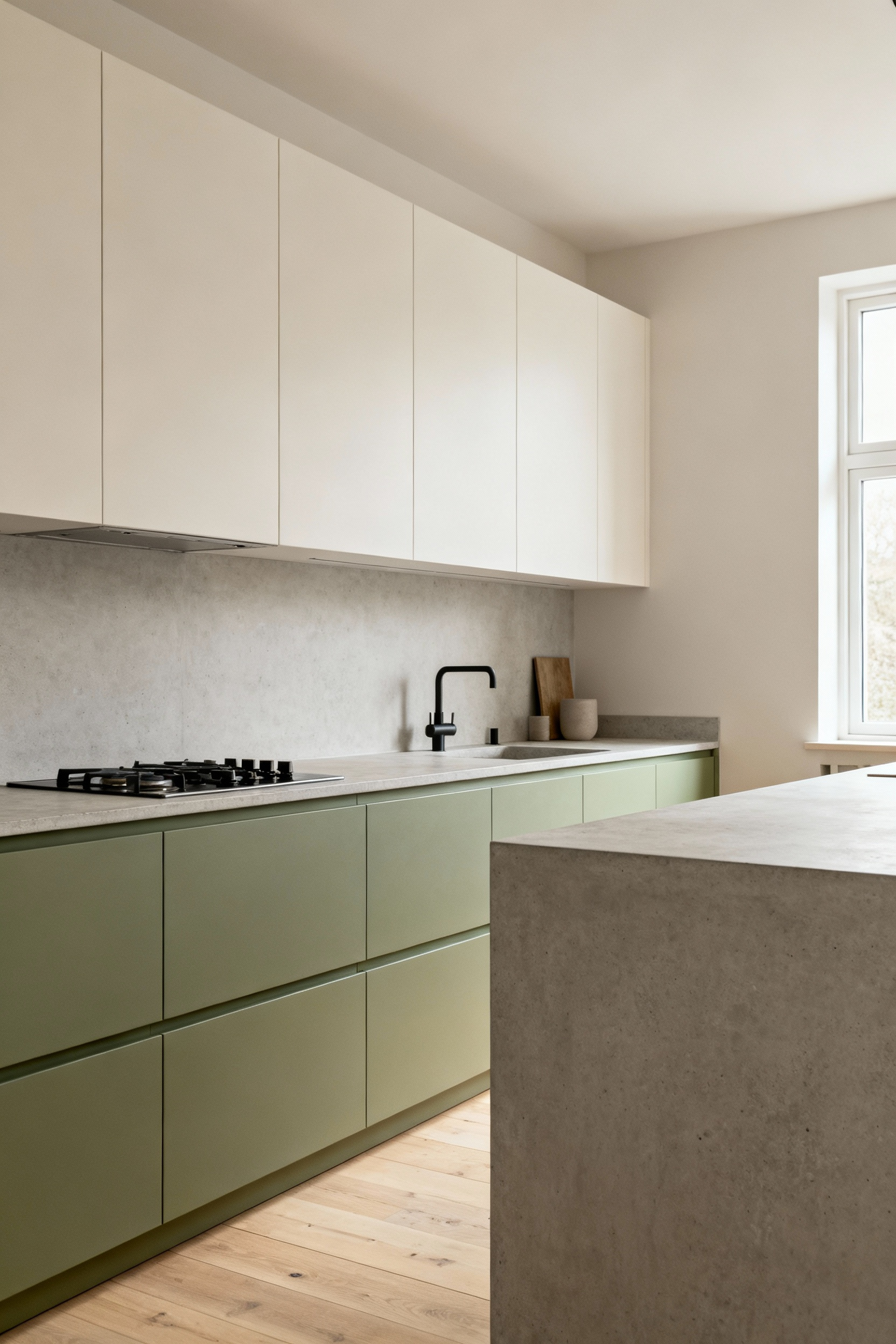 A harmonious Scandinavian kitchen with muted sage green and off-white cabinets, demonstrating careful color consistency and intentional design, bathed in soft natural light.