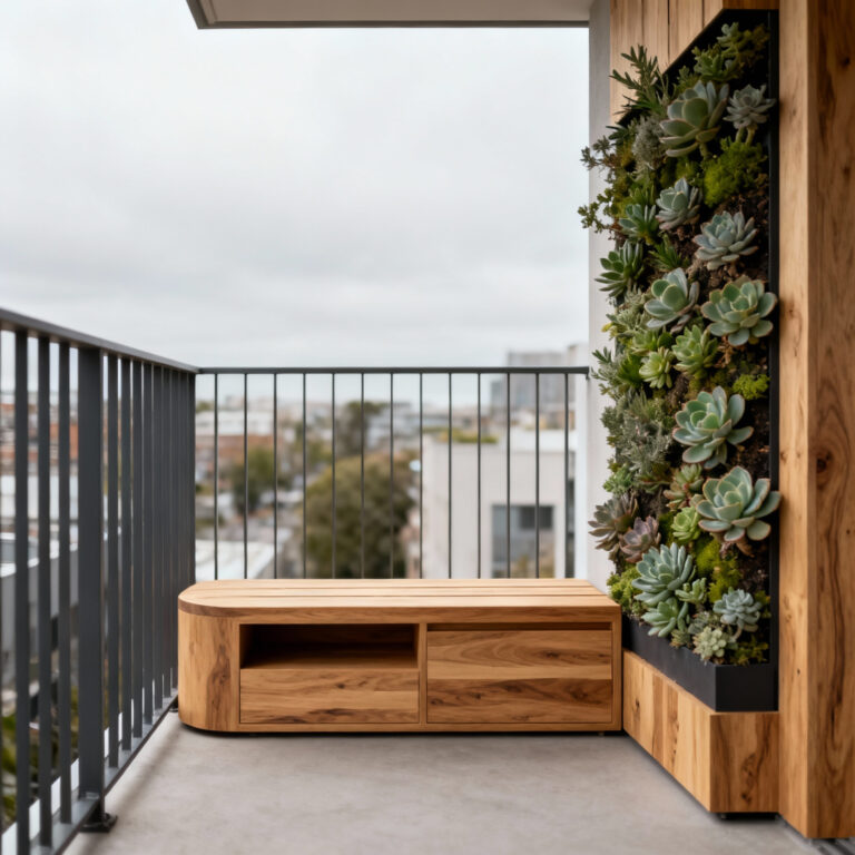 Minimalist urban balcony designed with Lagom principles, featuring a larchwood bench, vertical garden, and natural light.