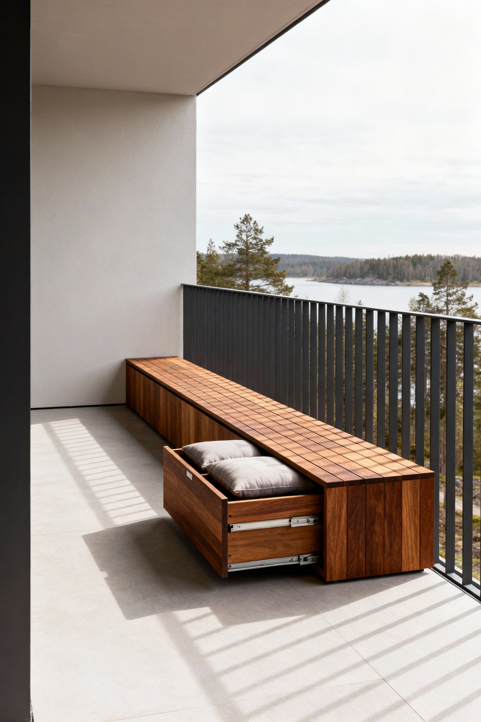 Modern Nordic balcony with hidden storage bench, clean lines, minimalist design, seamless compartments, clutter-free outdoor space, ipe wood furniture.