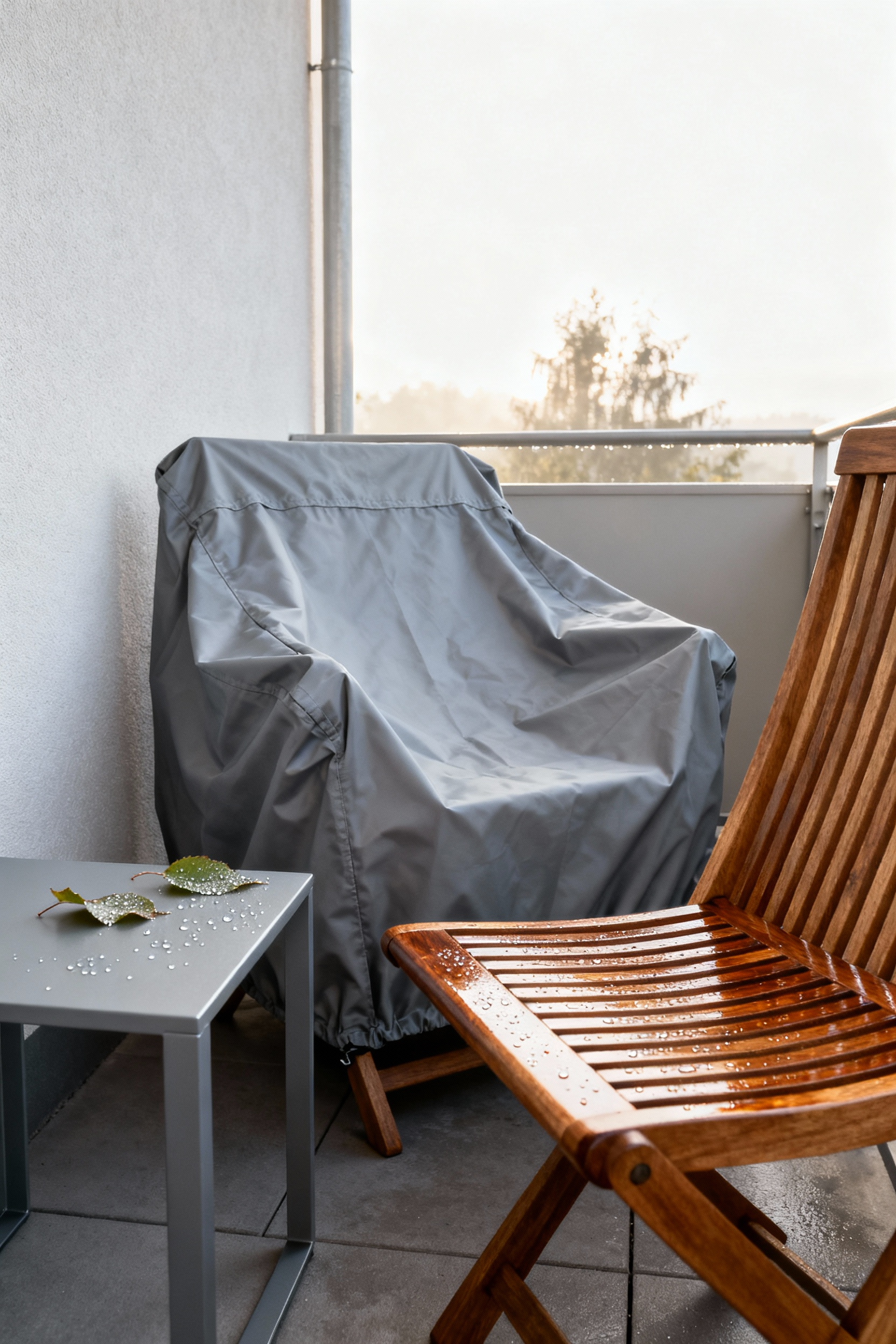 Nordic balcony furniture, high-quality protective cover on teak chairs, powder-coated aluminum table, protected outdoor decor, weathering with grace.