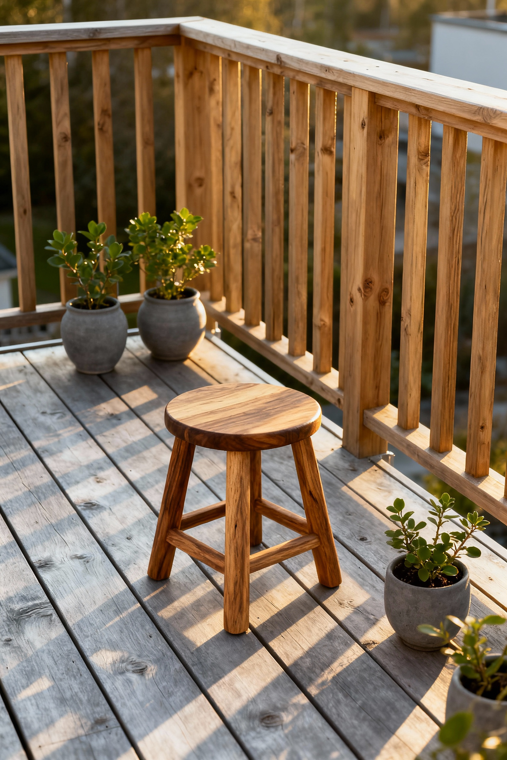 Close-up of untreated teak decking on a minimalist Nordic-style balcony, showcasing its natural grain and developing silver-grey patina, alongside a cedar railing and an acacia outdoor stool.