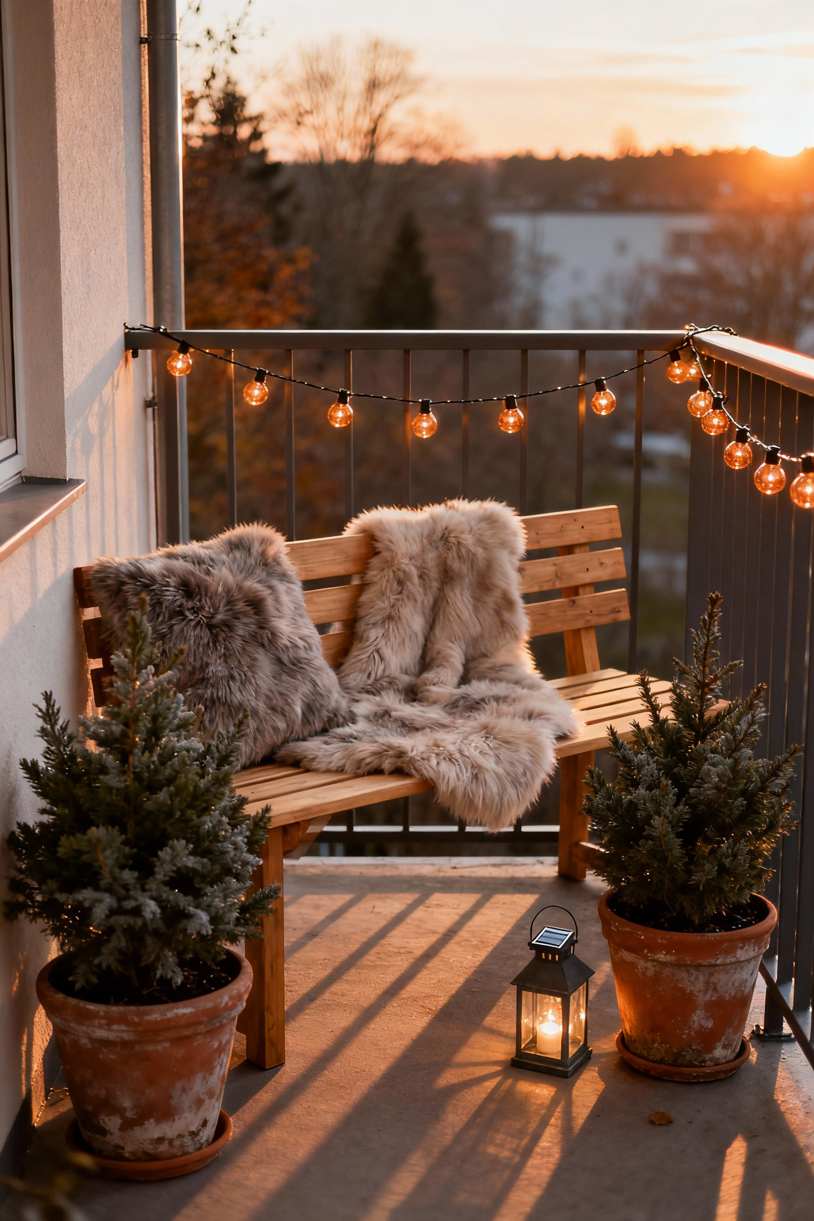 Nordic balcony decor transitioning for autumn, featuring sheepskin throws, subtle string lights, and cold-hardy plants, reflecting seasonal adaptation.