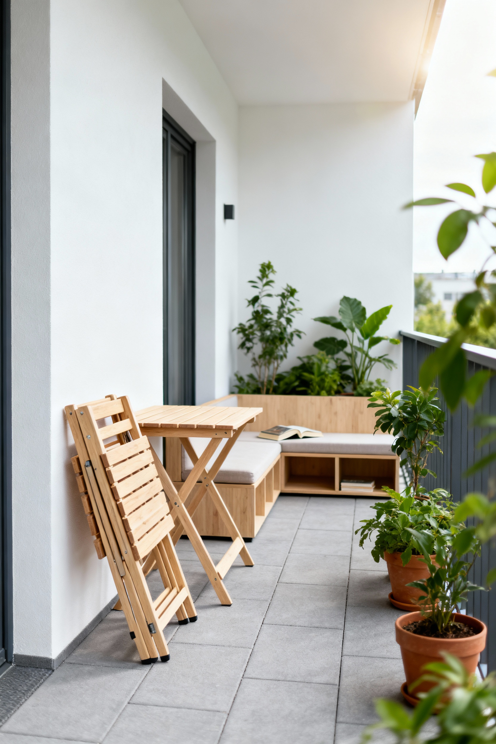 Elegant Nordic balcony with foldable wood bistro chairs and table, next to a modular sofa section, enhancing small space versatility with adaptive furnishings.