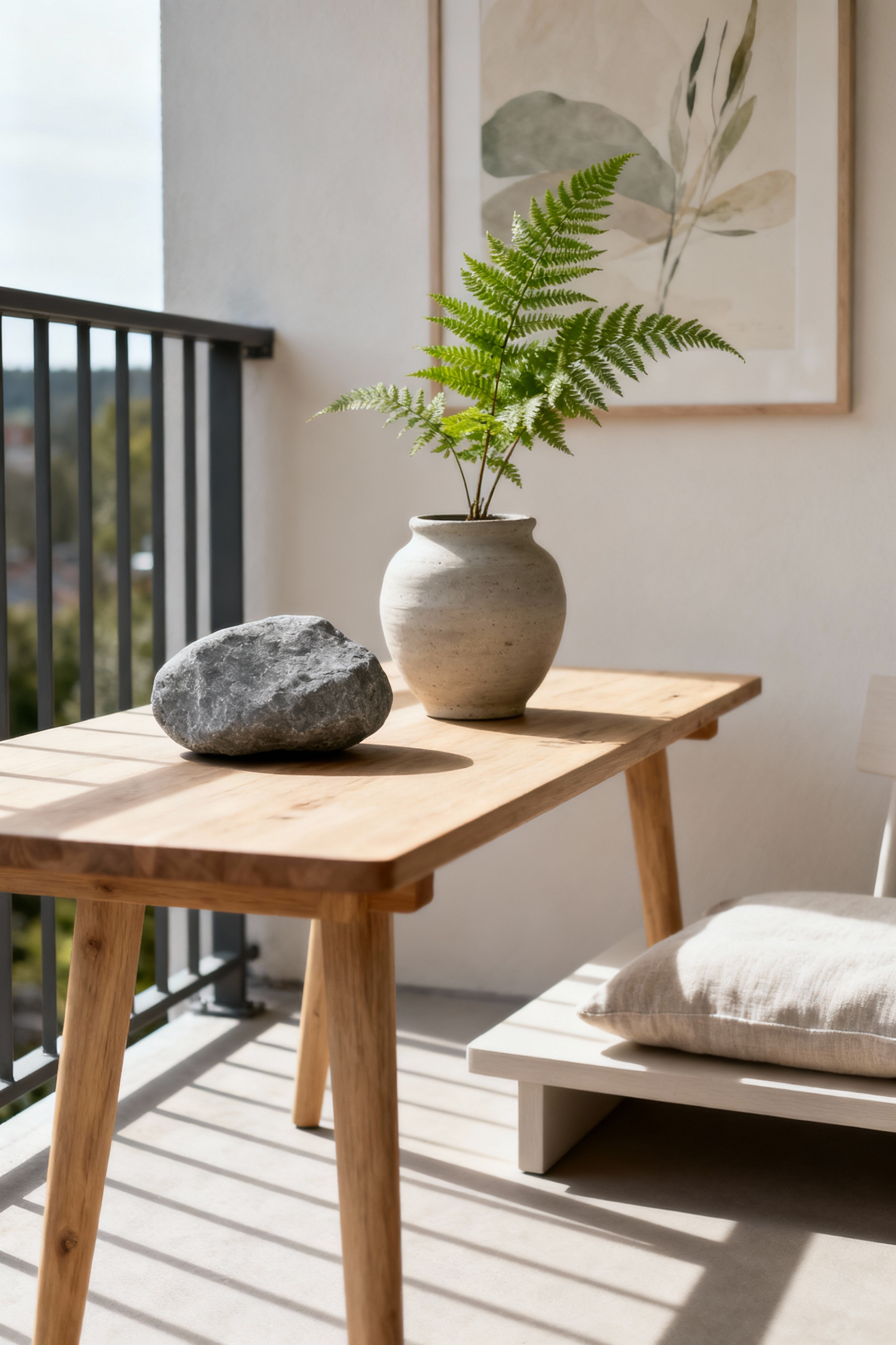 A serene Nordic balcony featuring a minimalist wooden table, a weathered stone, a hand-thrown ceramic pot with a fern, and an abstract art print, showcasing personalized accents under natural light.