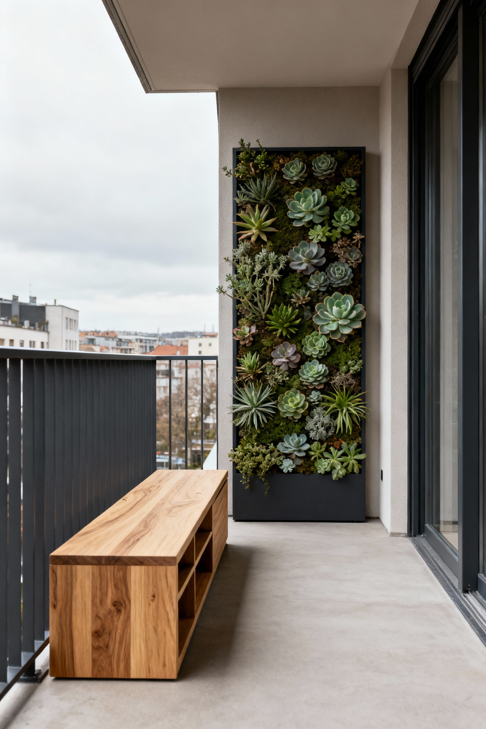 Minimalist urban balcony designed with Lagom principles, featuring a larchwood bench, vertical garden, and natural light.