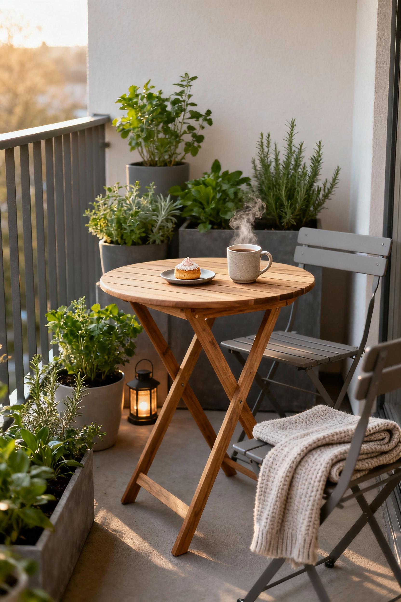 Minimalist Scandinavian balcony fika nook with a teak table, two chairs, a steaming coffee cup, and potted plants, bathed in soft morning light, ready for a quiet moment.