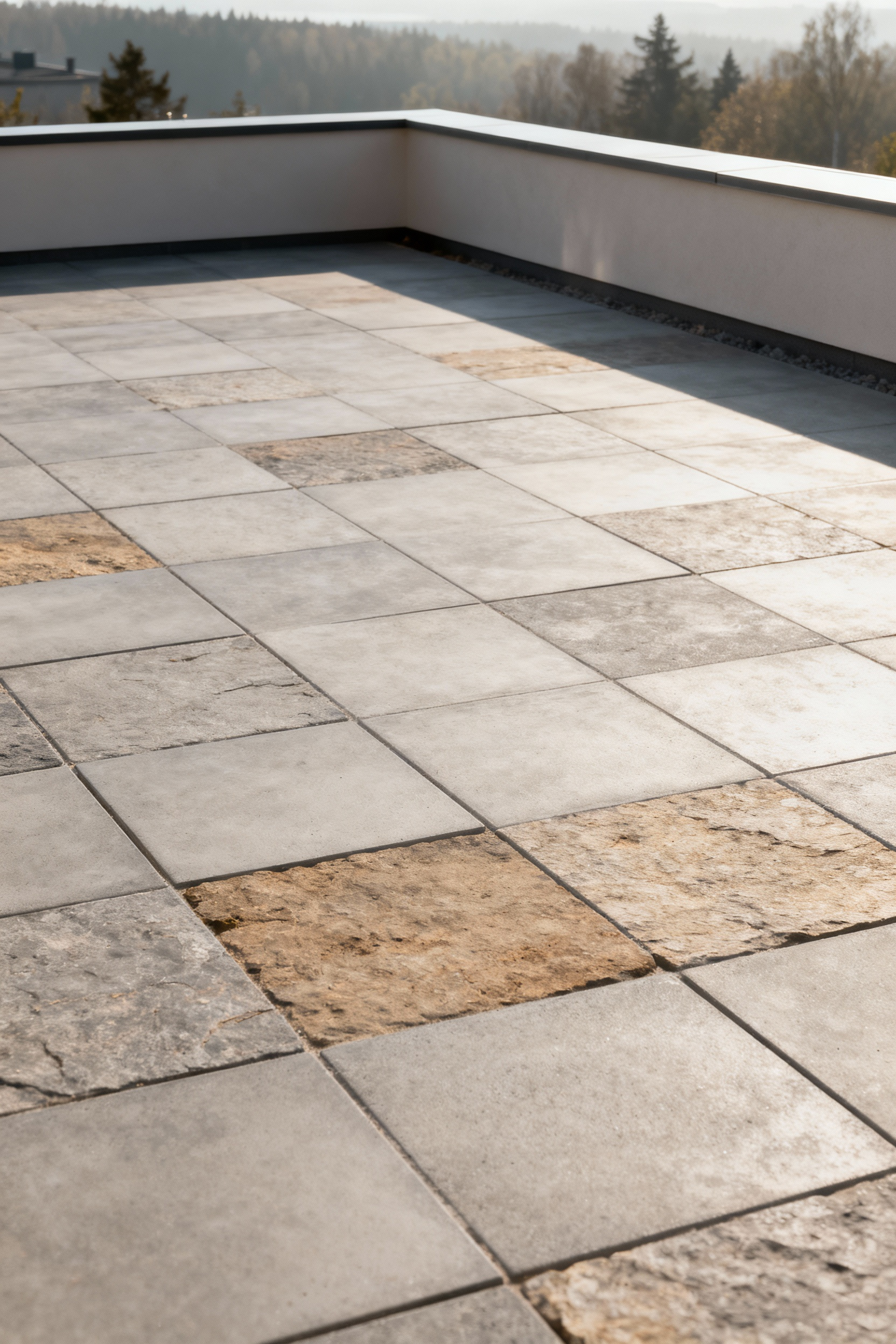 Nordic balcony floor made of large, honed grey basalt tiles, showing stable, earth-derived hardscaping. No people. Clear, refined aesthetic.