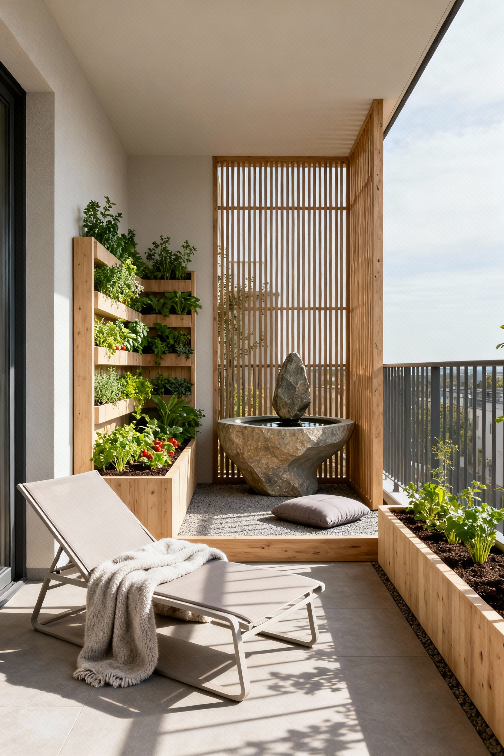 Nordic-style balcony divided into distinct zones for relaxation, herb cultivation, and quiet contemplation with minimalist furniture and natural materials under soft daylight.