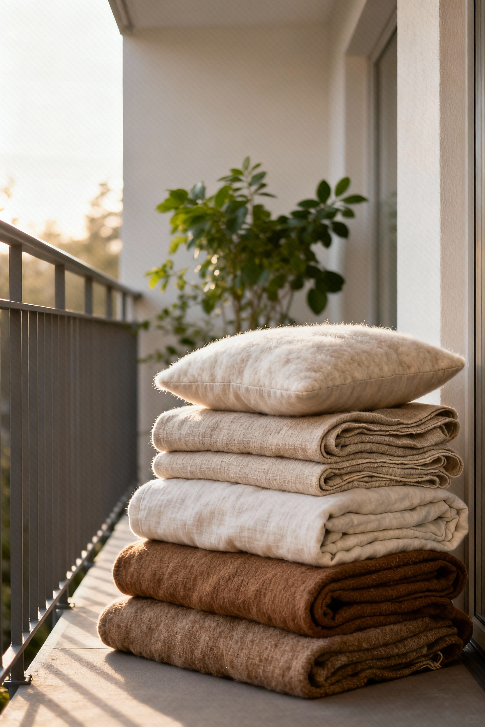 Stack of neatly folded linen throws, wool cushions, and organic cotton blankets in neutral tones on a modern balcony.