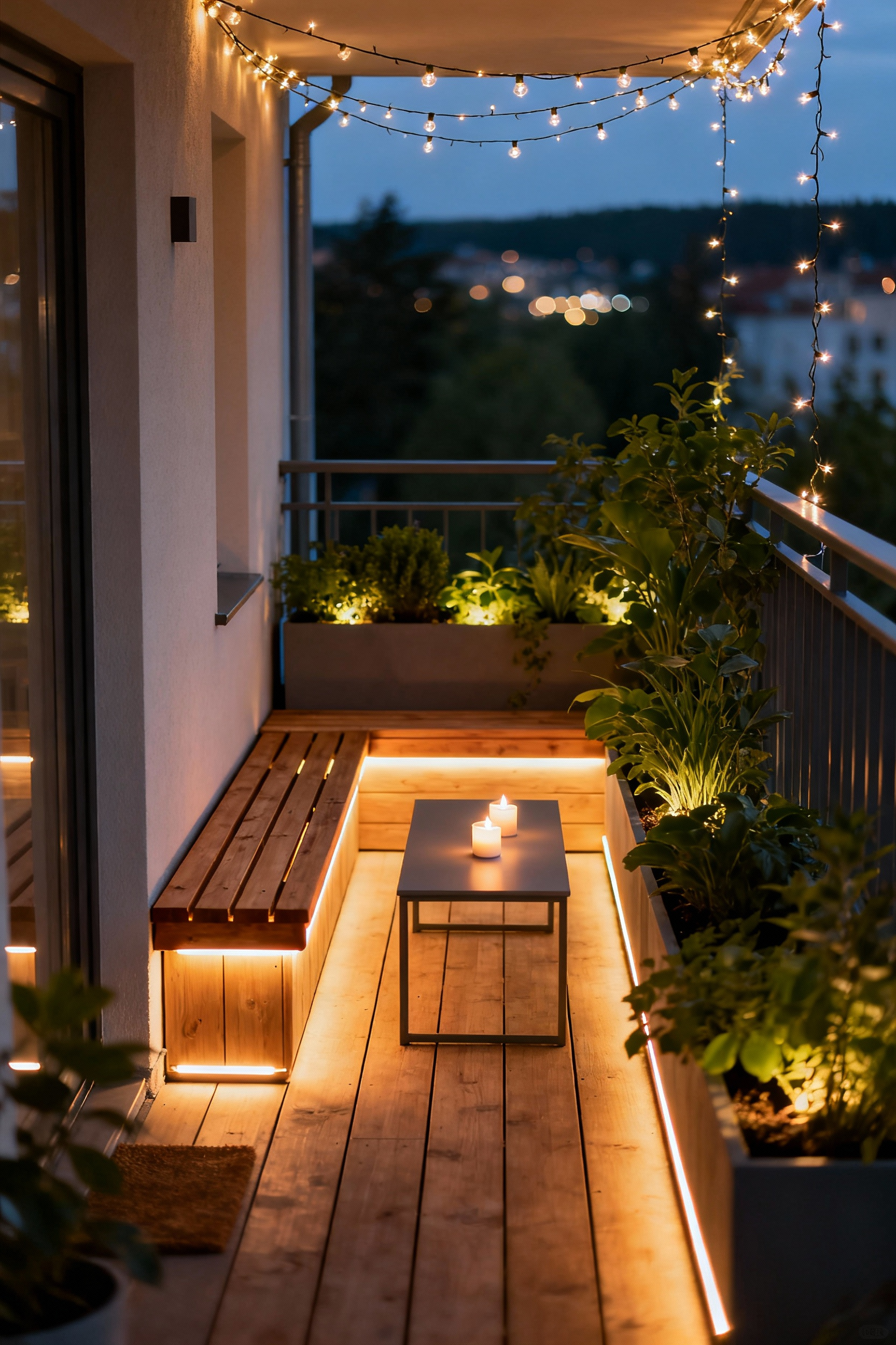 A cozy Nordic balcony at dusk, illuminated with layered warm lights including hidden LED strips, string lights, and uplit plants, creating a safe and inviting evening atmosphere without people.