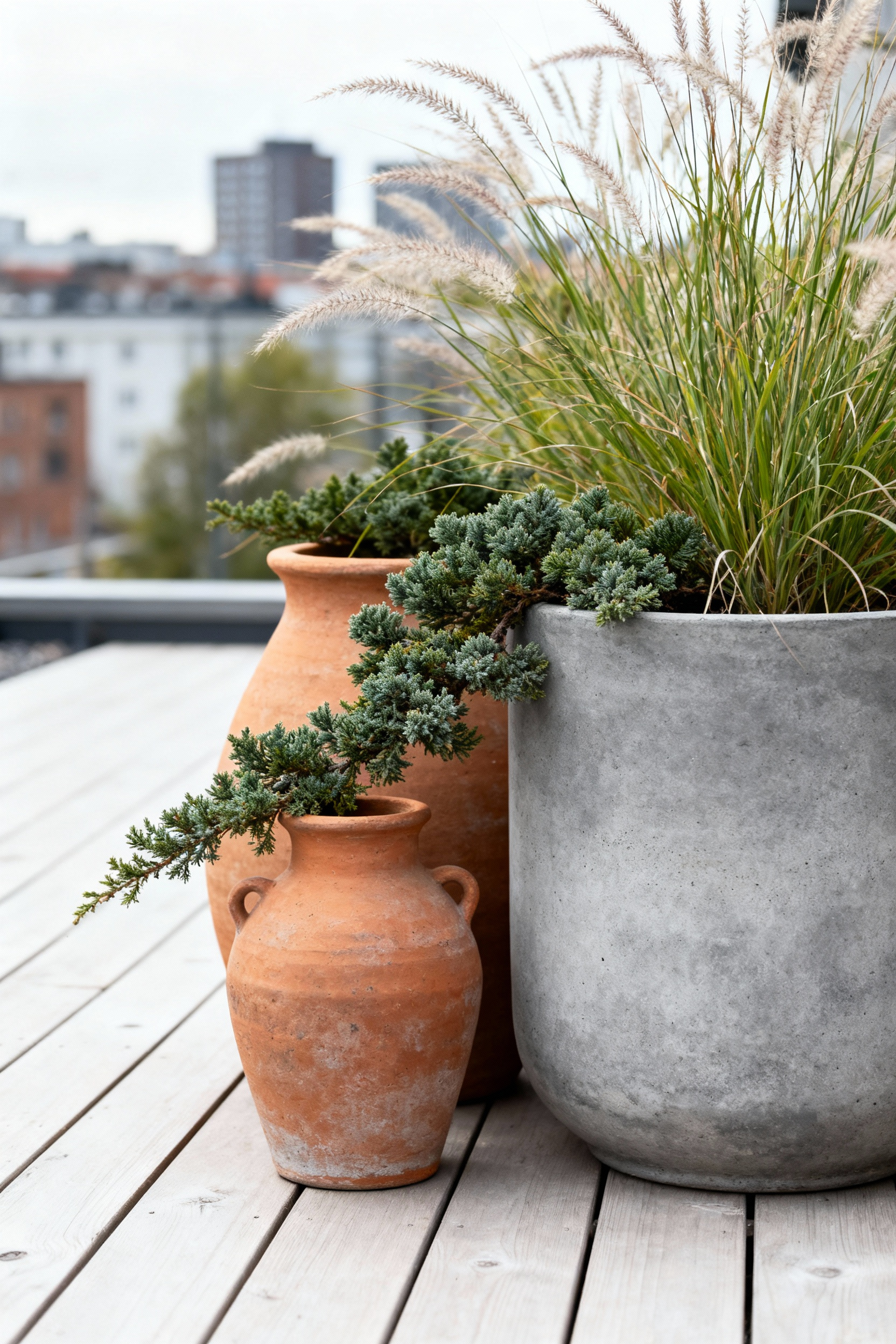 Nordic balcony featuring hand-fired ceramic planters and terra cotta vessels, arranged with native grasses and dwarf conifers for a grounded, elemental aesthetic.