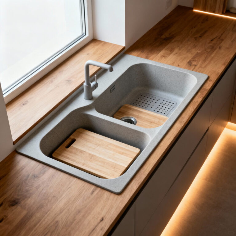 An ultra-modern, minimalist kitchen sink crafted from light grey quartz composite, flush-mounted in a natural wood countertop. The sink features integrated accessories like a cutting board and colander, with soft LED perimeter lighting. The scene is bright with diffused natural light.