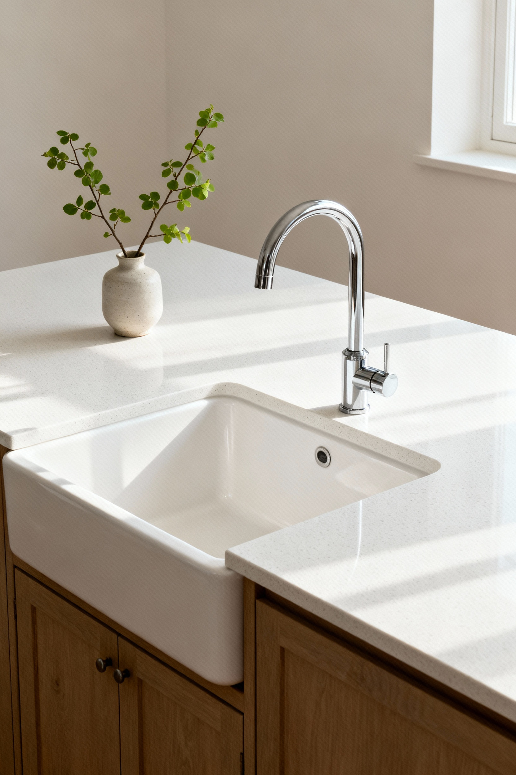 Pristine white vitrified ceramic farmhouse sink with an elegant faucet in a bright, modern Scandinavian kitchen, highlighting its non-porous and hygienic surface, with subtle natural lighting.