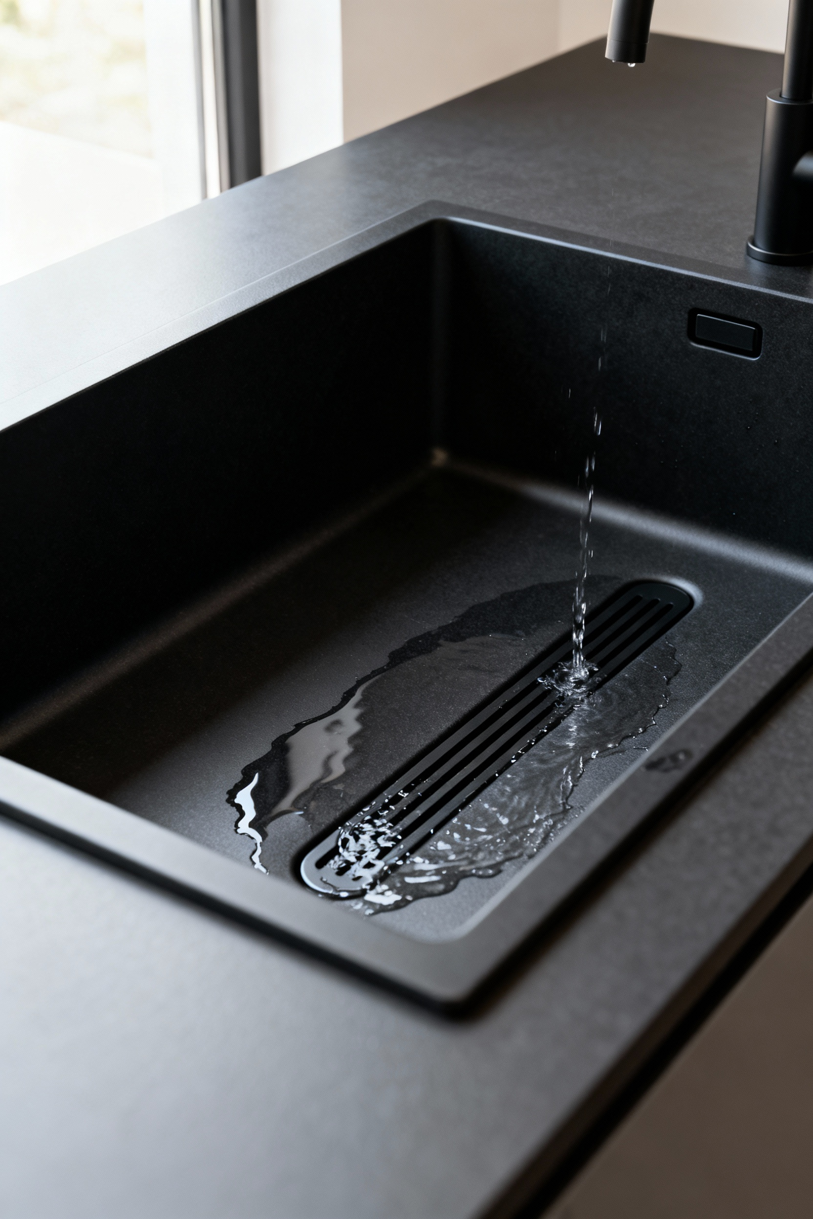 Portrait view of a modern kitchen sink with an integrated draining system, showcasing a sleek quartz composite countertop, and efficient, hidden water evacuation for a pristine surface.