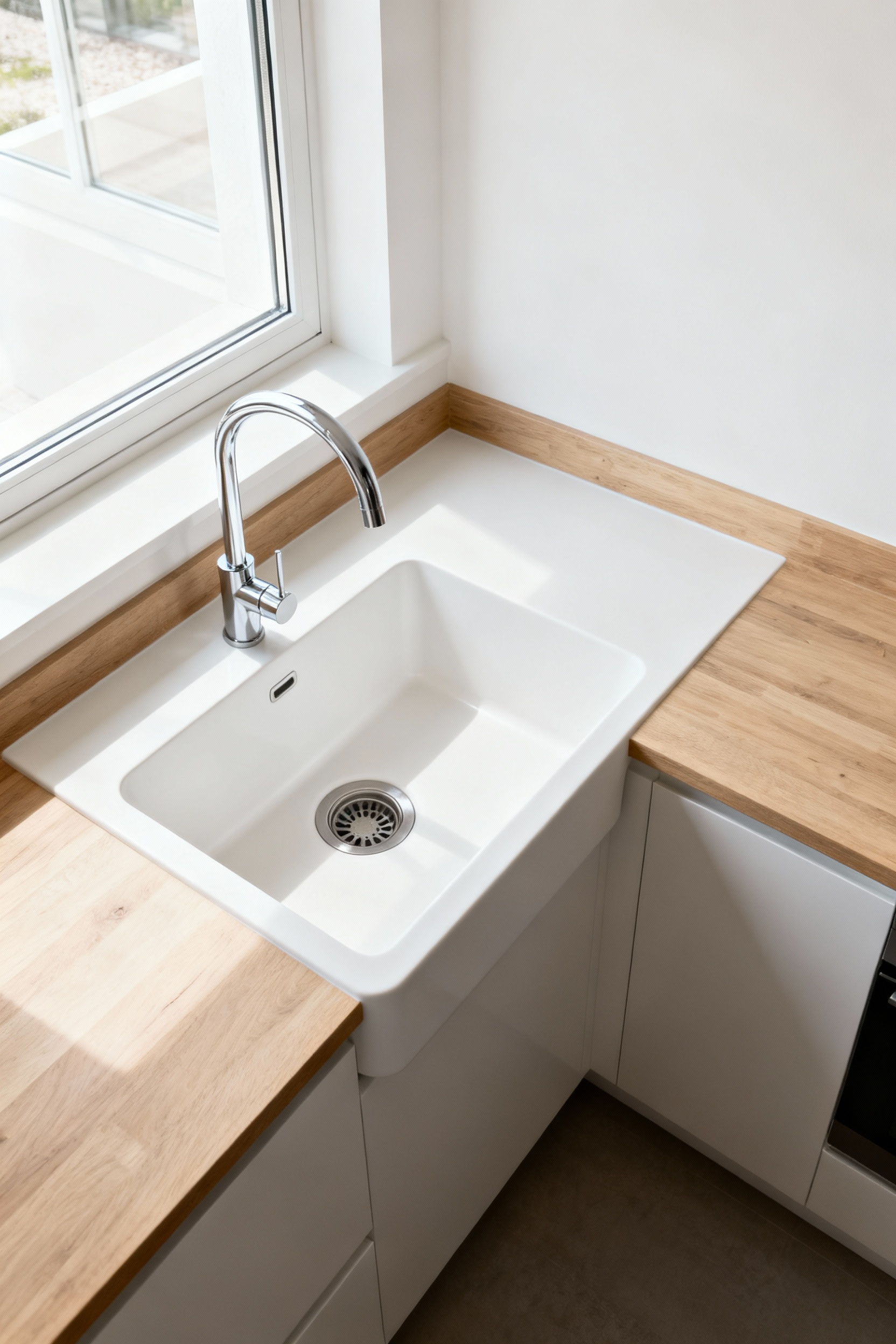 Modern L-shaped kitchen featuring an integrated white quartz corner sink, strategically placed for ergonomic workflow and maximized countertop utility.