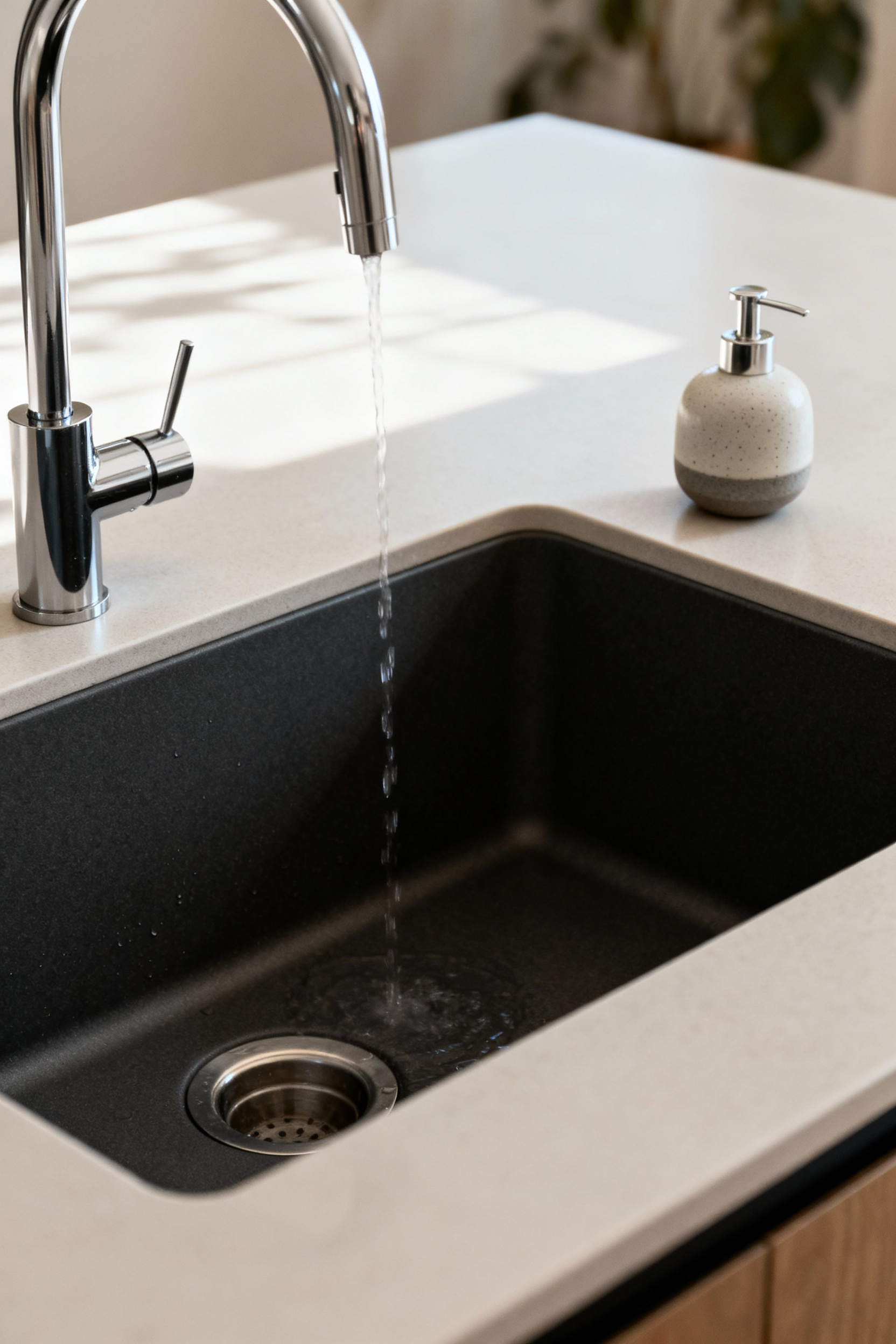Close-up of a modern dark gray Silgranit kitchen sink, showcasing its pristine, scratch-resistant, and stain-immune surface with a sleek faucet and soft lighting.