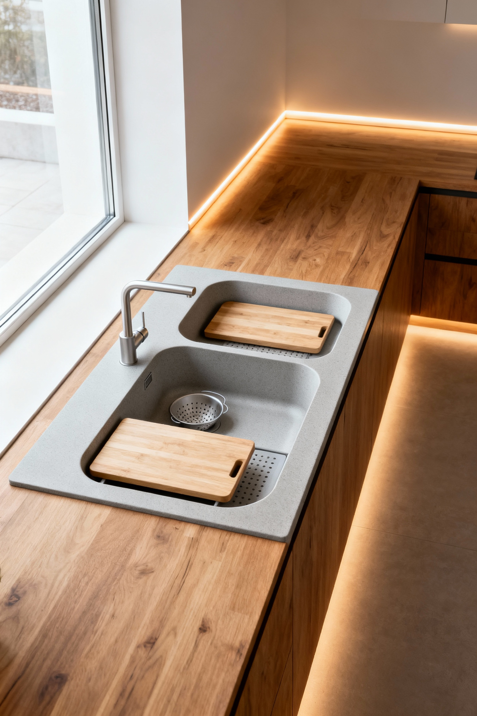 An ultra-modern, minimalist kitchen sink crafted from light grey quartz composite, flush-mounted in a natural wood countertop. The sink features integrated accessories like a cutting board and colander, with soft LED perimeter lighting. The scene is bright with diffused natural light.