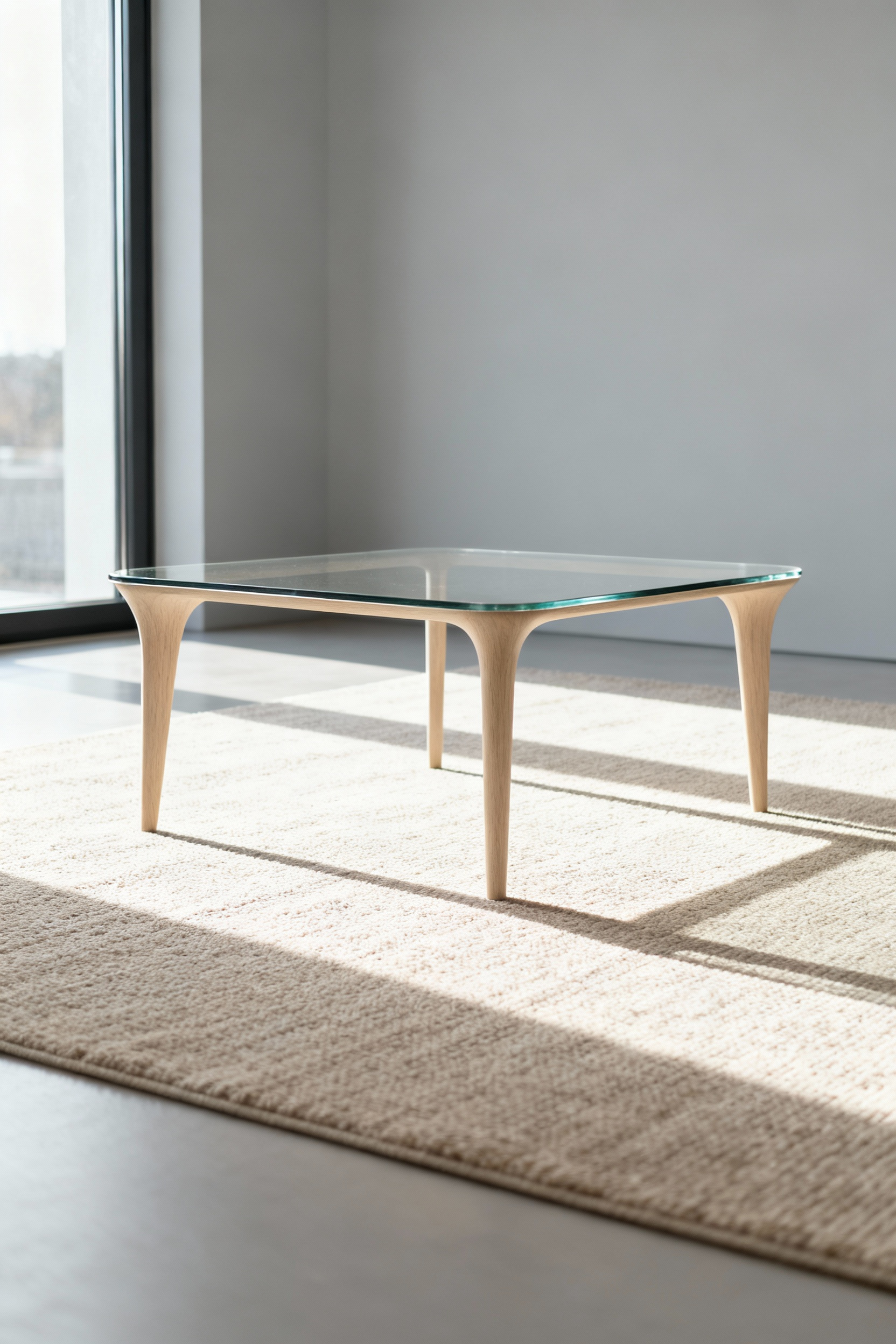 Nordic-style coffee table design emphasizing negative space to create a light, sculptural form in a modern living room.