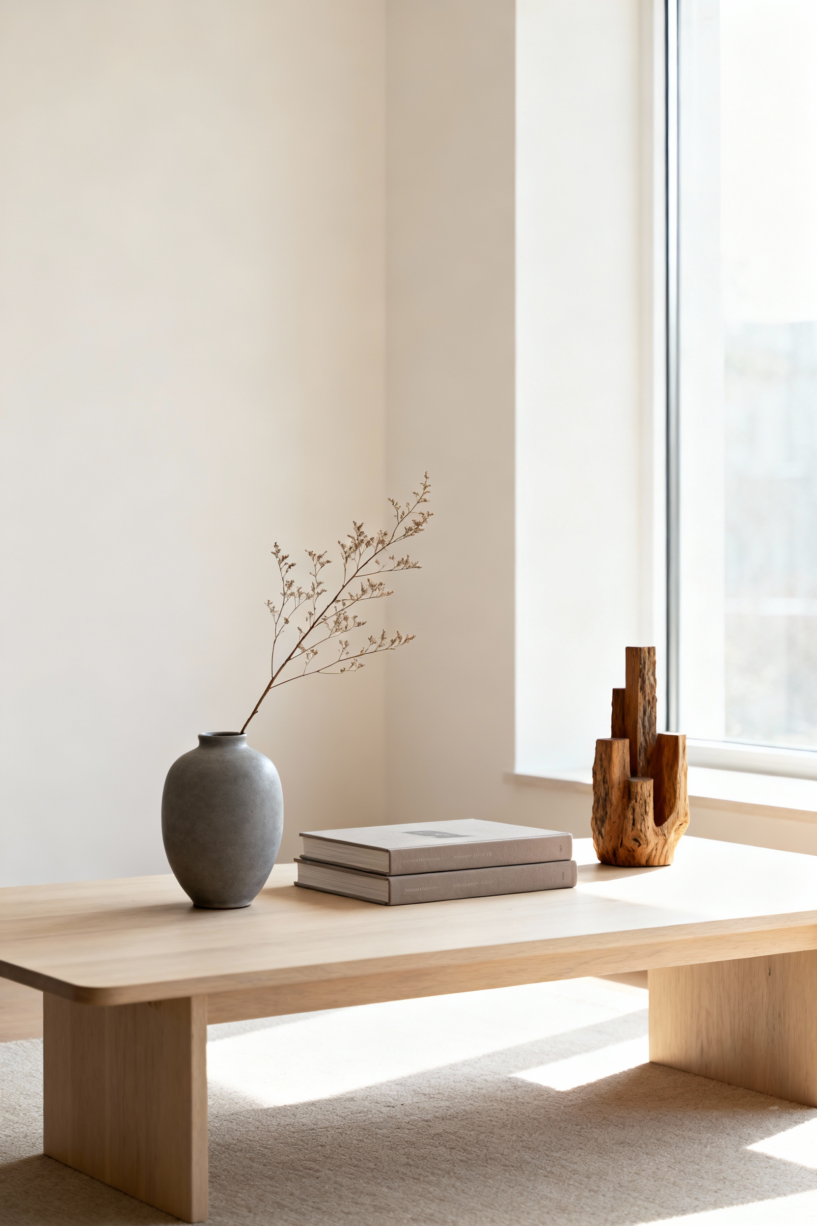 A Nordic-style coffee table vignette with a ceramic vase, art books, and wooden sculpture, demonstrating intentional object placement and personal resonance.