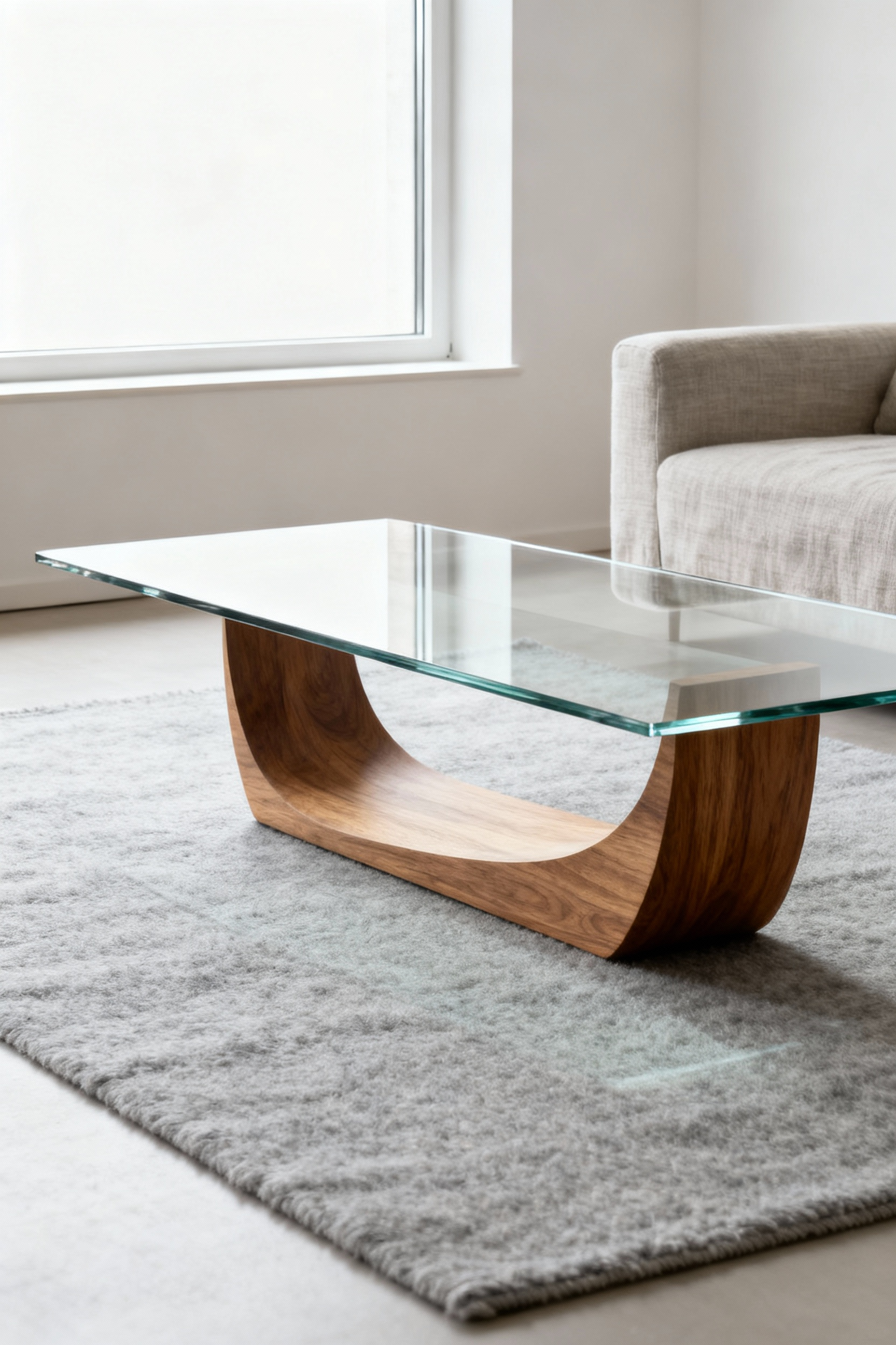 Nordic living room with a transparent low-iron glass coffee table, minimalist design, solid oak wood base, bathed in natural light, creating a sense of ethereal lightness and spaciousness.