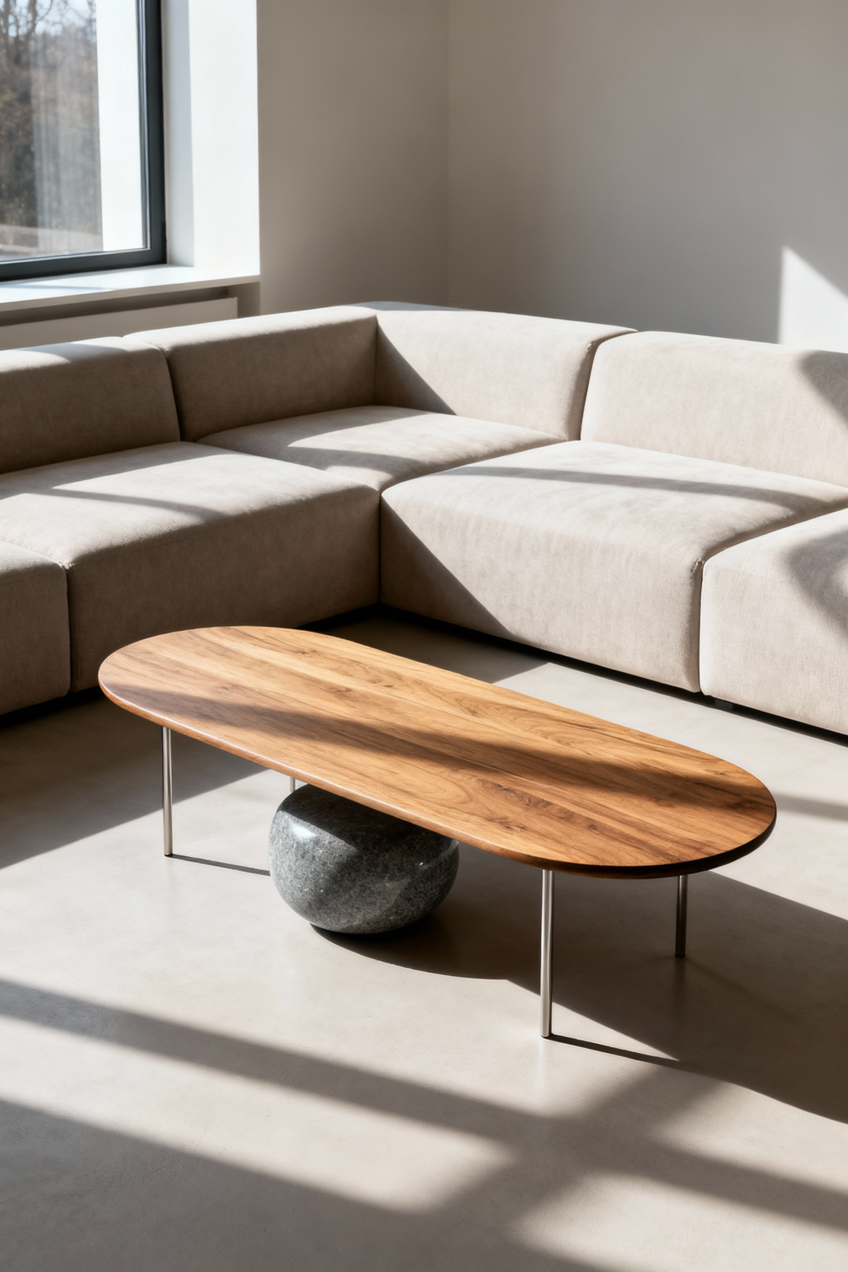 A modern Nordic living room featuring an asymmetrically balanced coffee table, with an elongated oval oak top and a contrasting circular stone element on steel legs, showcasing dynamic tranquility in its design, bathed in soft natural light.