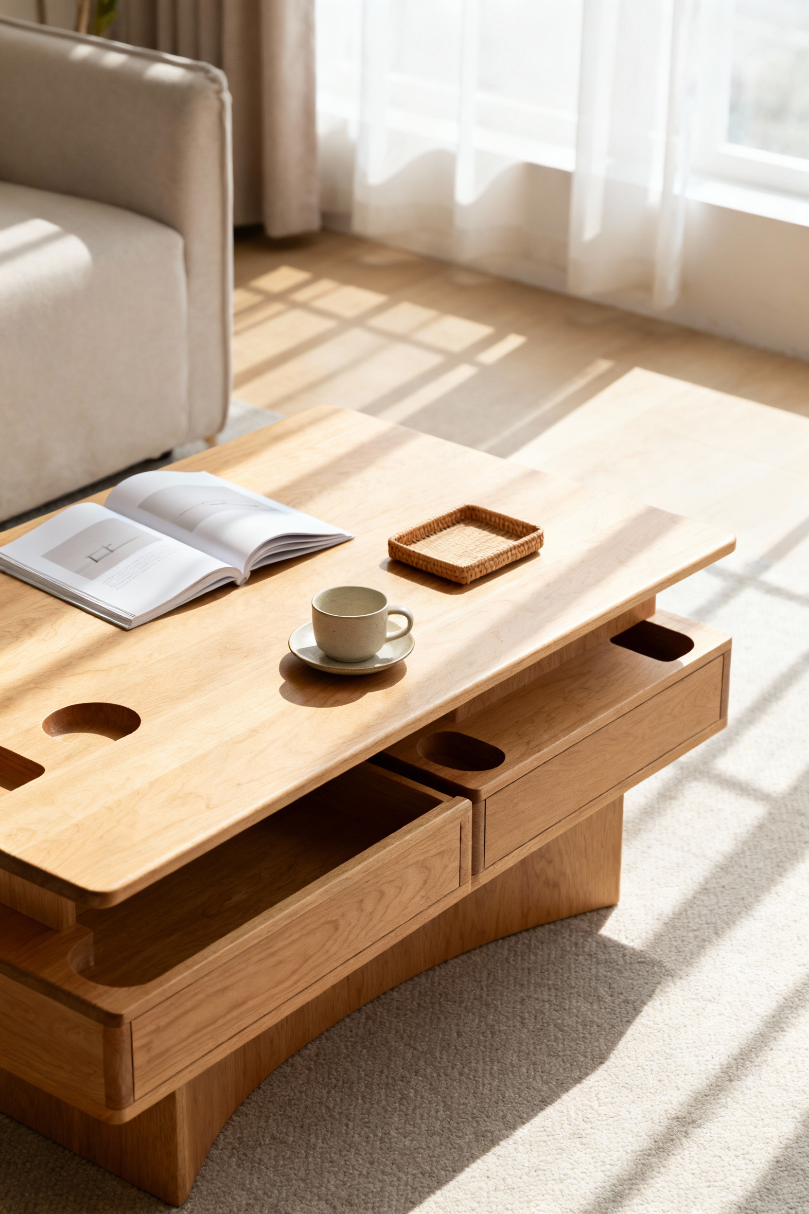 Nordic coffee table with multi-tiered, accessible surfaces designed for easy reach and engagement, natural wood, minimalist style, bright living room