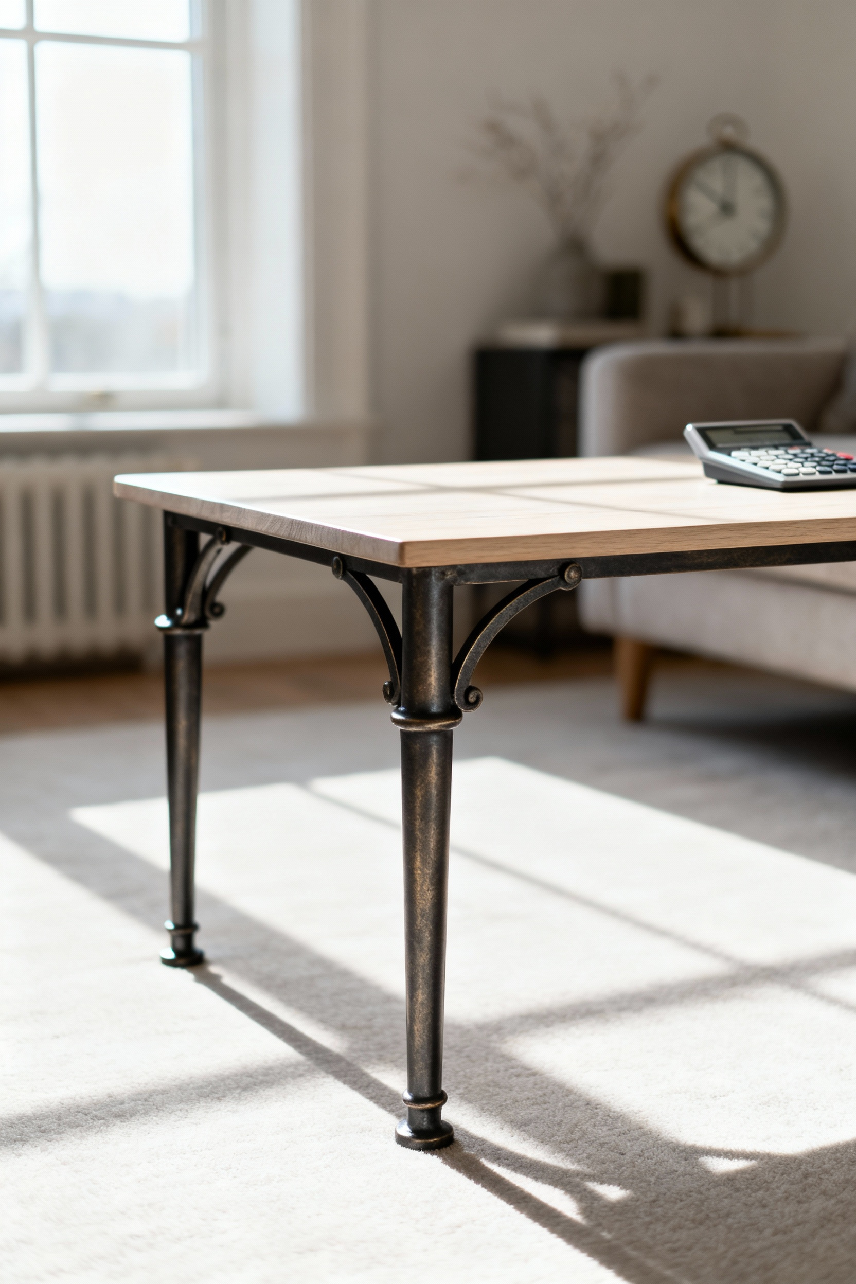 Minimalist Nordic coffee table with dark, matte forged metal legs and a light wood top, embodying structural grace.