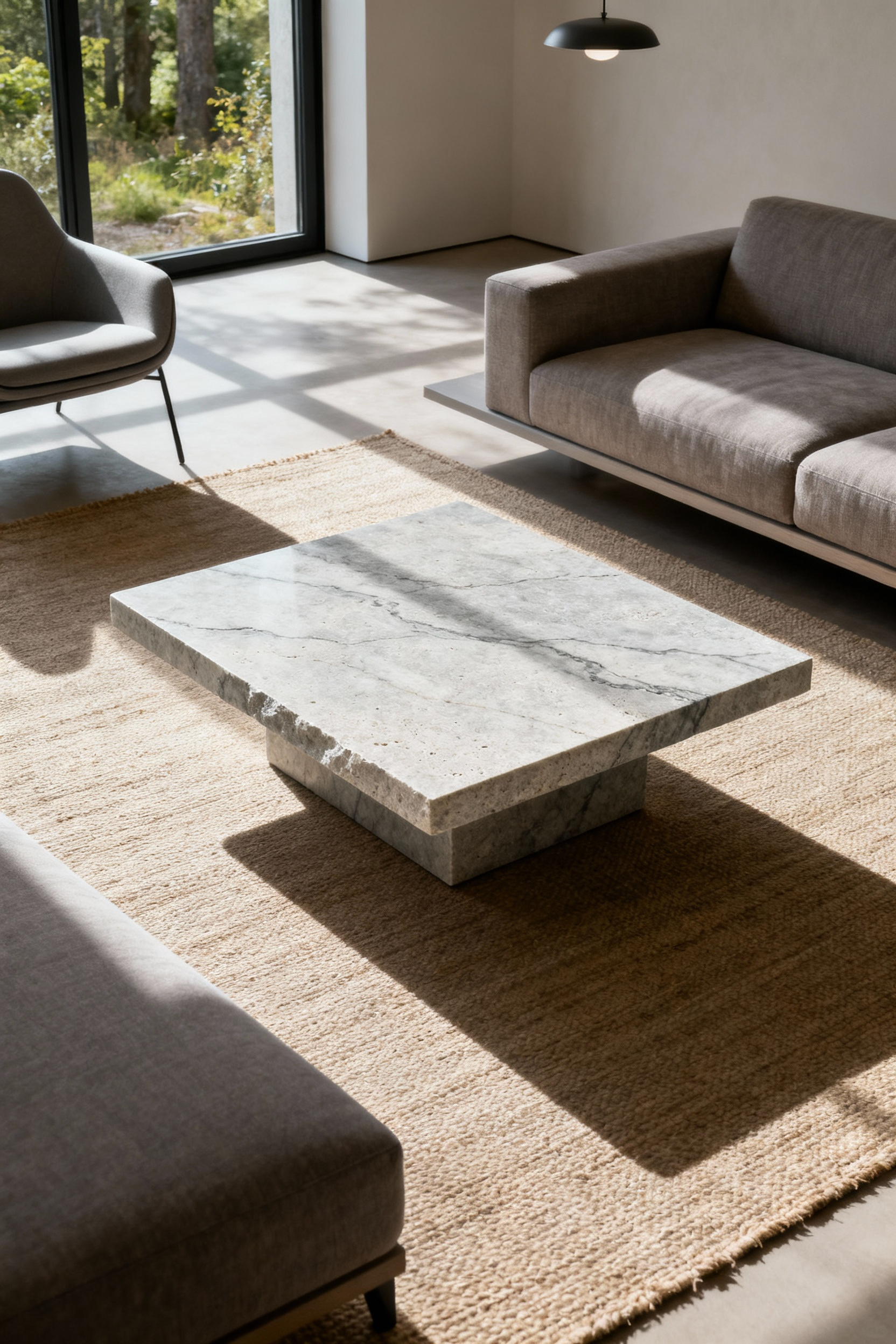 A honed natural stone coffee table in a modern Nordic living room, showcasing grounded elegance and biophilic design with muted tones and soft lighting.