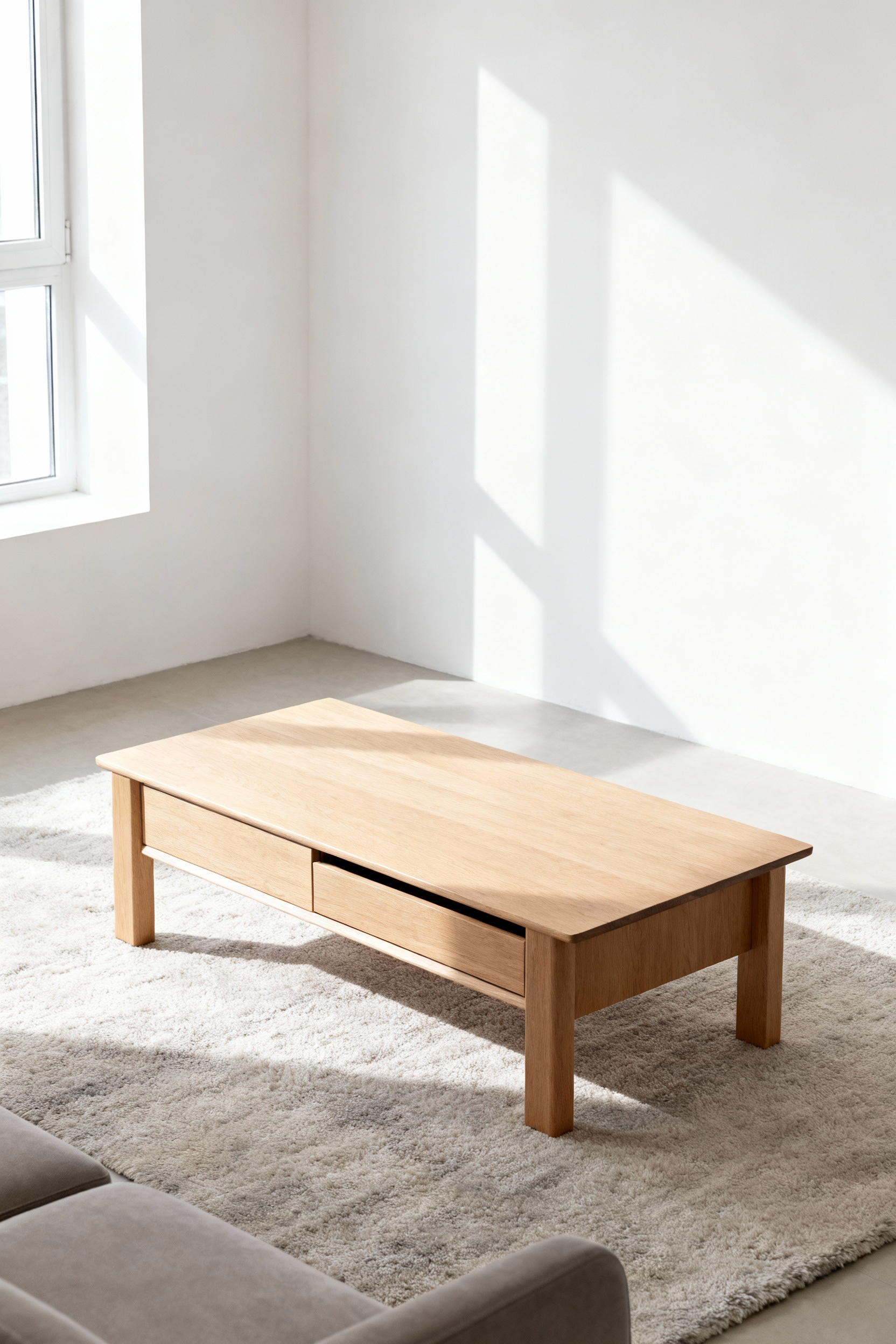 A minimalist Nordic coffee table showcasing functional purity with clean lines and natural materials, integrating discreet storage in a serene, sunlit living room setting.