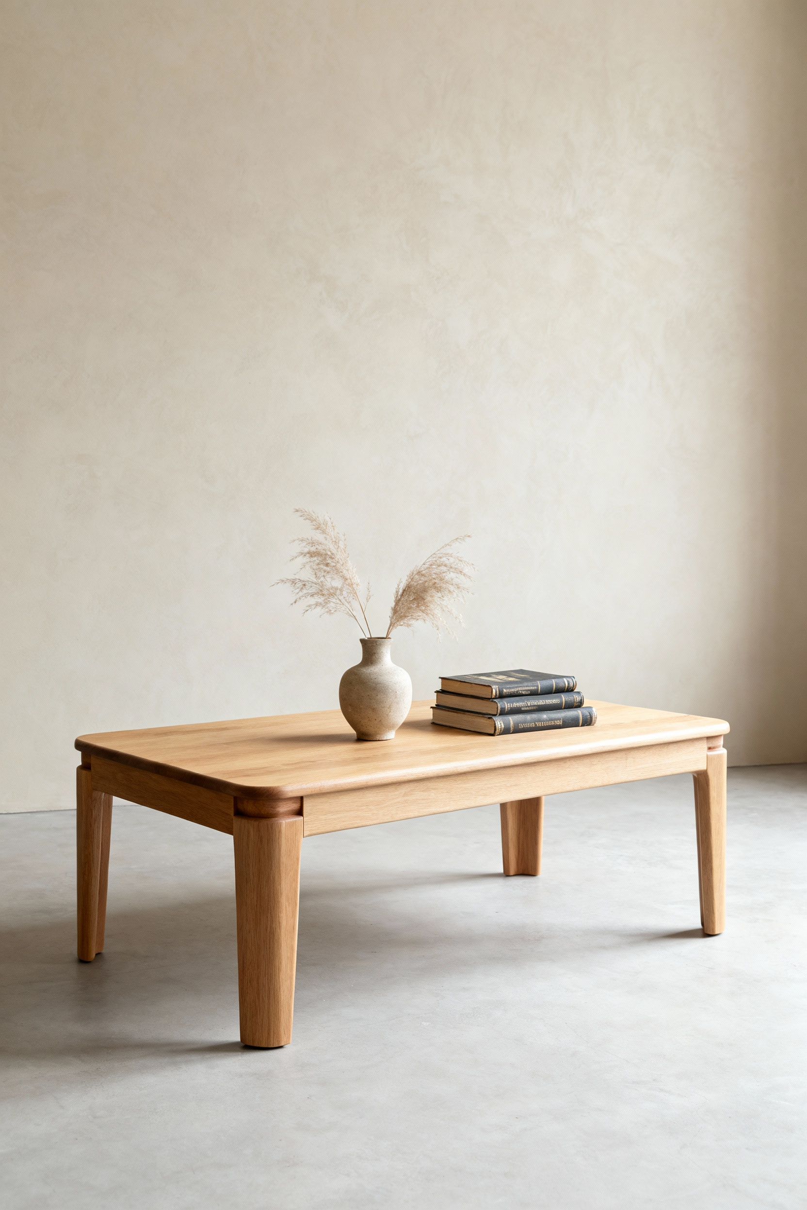 Solid oak Nordic coffee table with visible joinery on a minimalist living room floor, representing thoughtful, long-lasting design and sustainability.