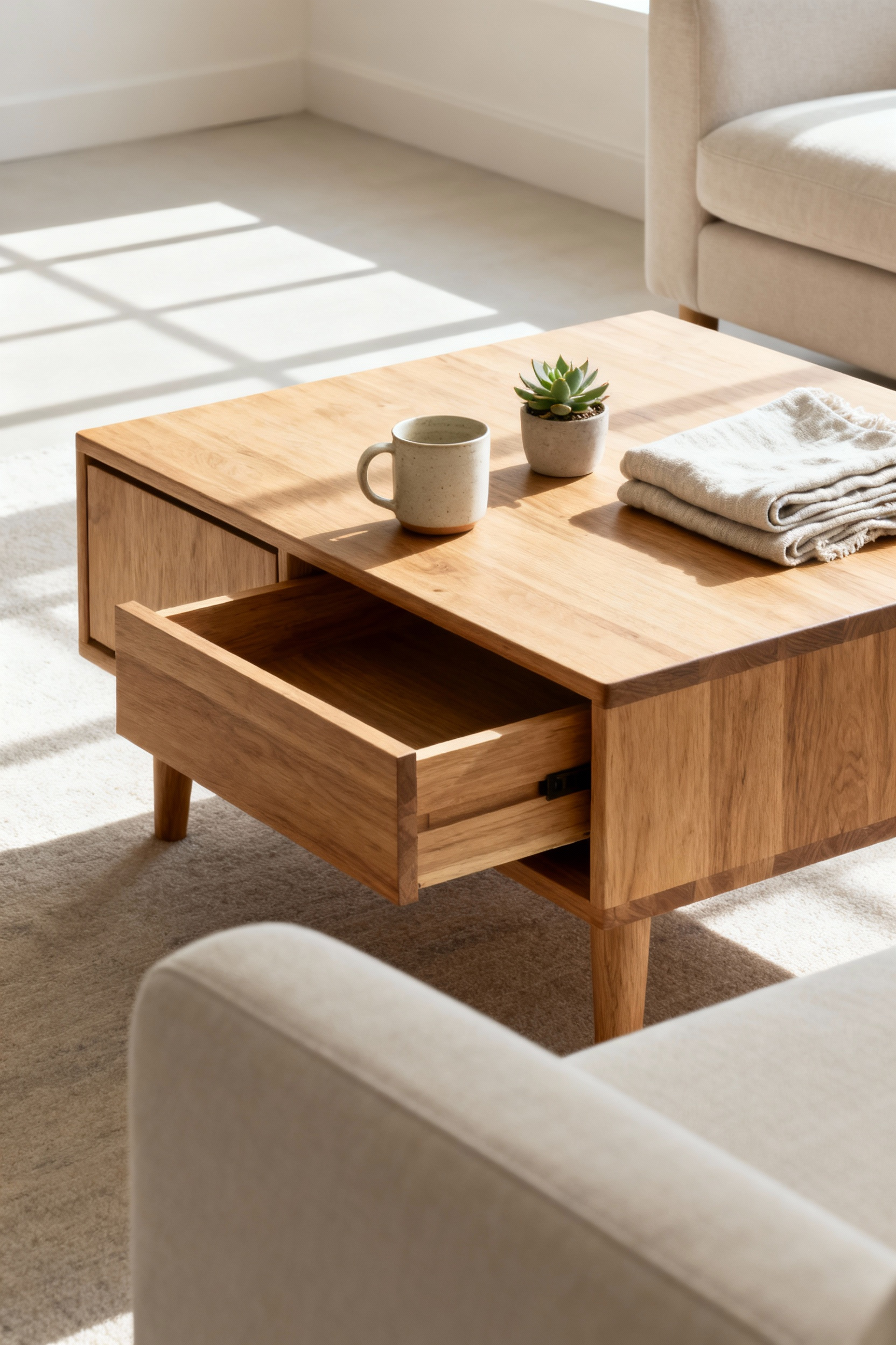 A modern solid oak coffee table with minimalist decor and subtle storage in a sunlit Nordic living room, reflecting intentional design principles.