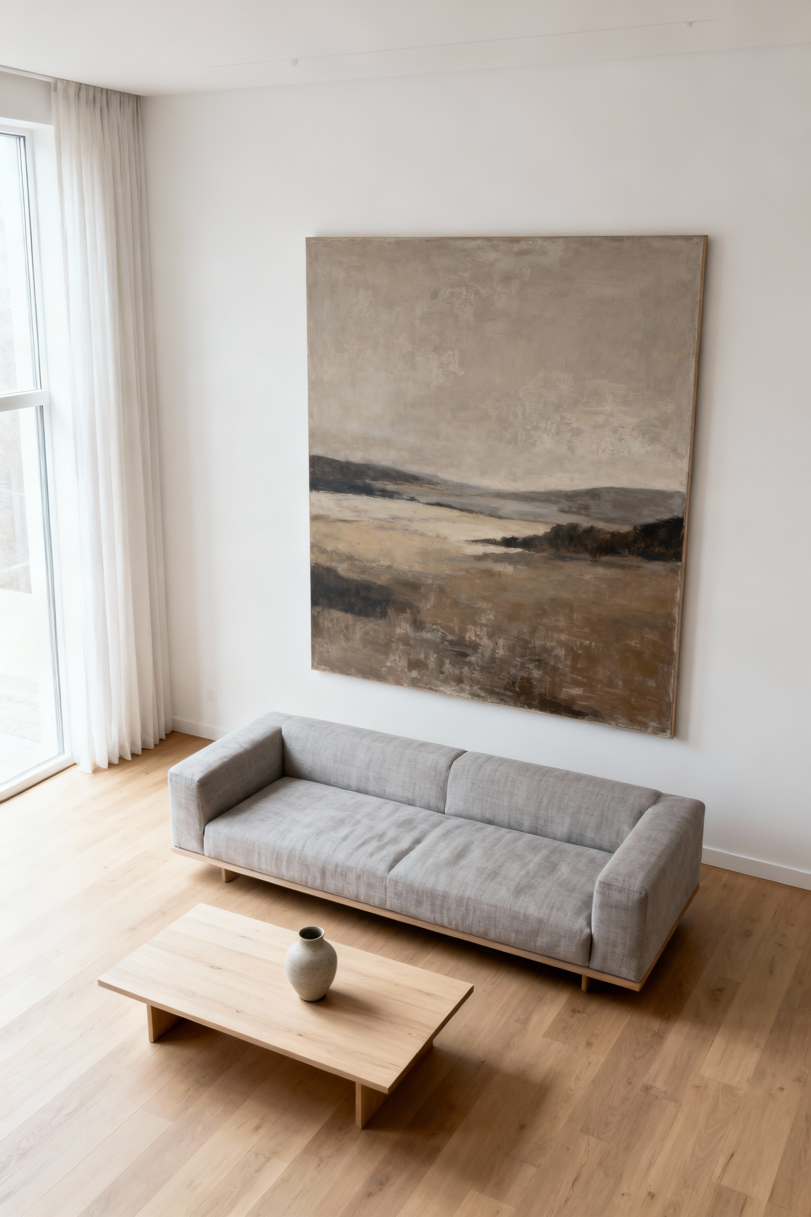 Minimalist Scandinavian living room featuring a large abstract landscape painting above a sofa, demonstrating curated living room art integration.
