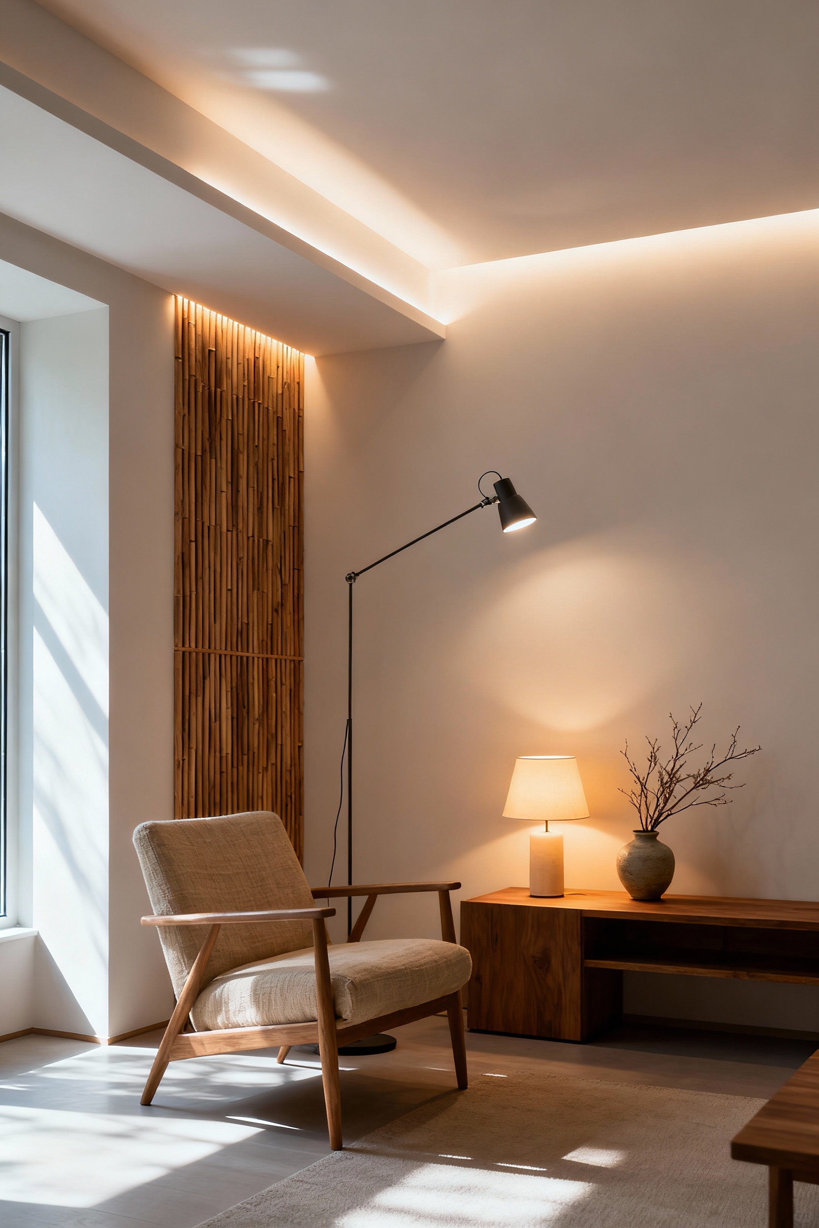 Scandinavian living room with multiple light sources layered including ambient ceiling wash, task floor lamp, and accent wall lighting, creating a warm and dynamic atmosphere.