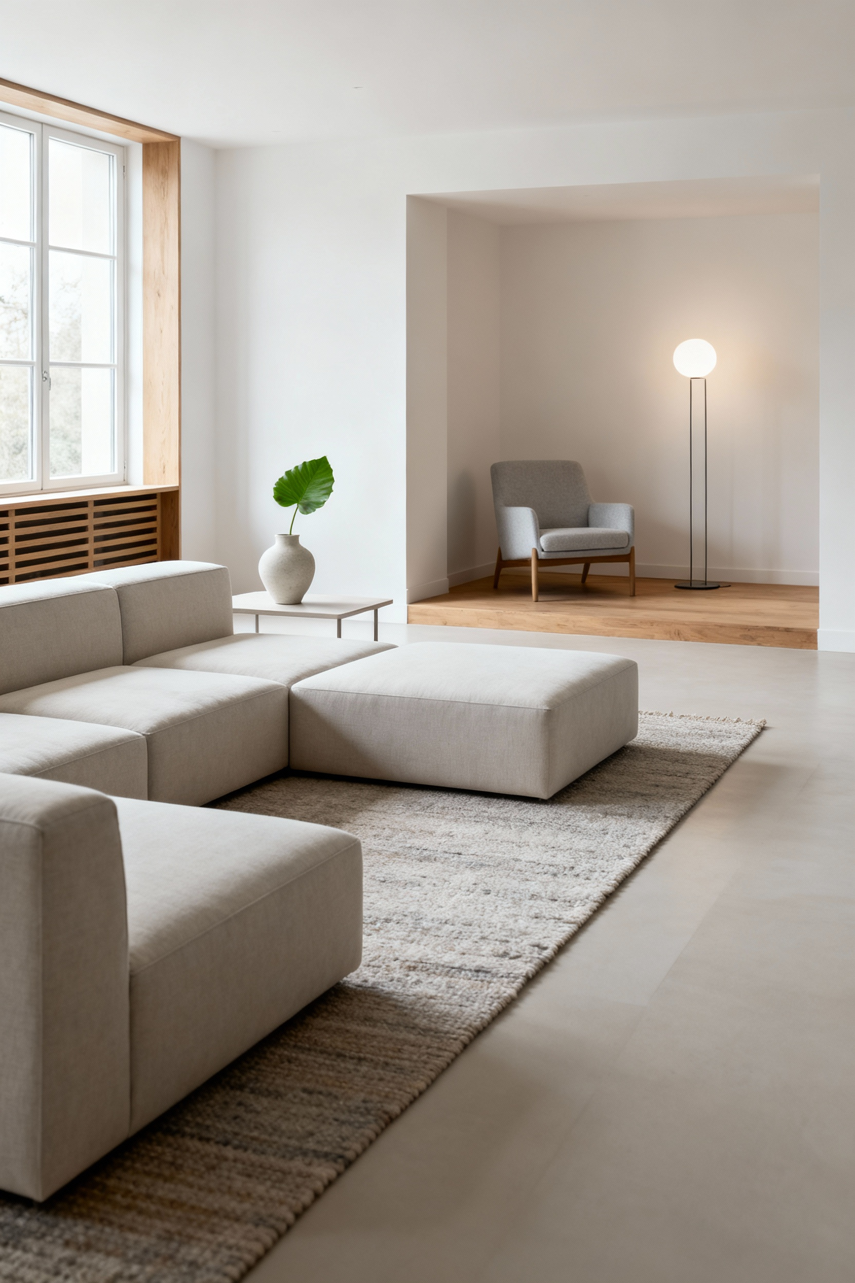 Scandinavian living room showing subtle functional zones, modular furniture, and clear pathways for holistic flow.