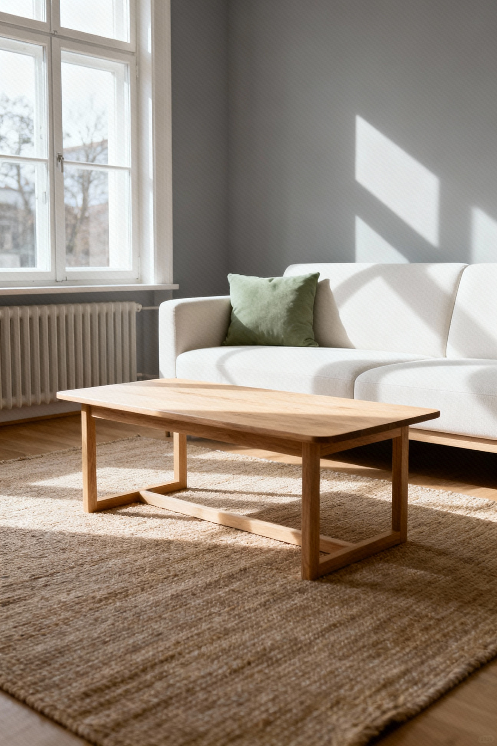 A serene Scandinavian living room bathed in soft natural light, featuring warm grey walls, an off-white sofa with a muted sage accent throw, and light wood minimalist furniture, illustrating psychological color calibration.