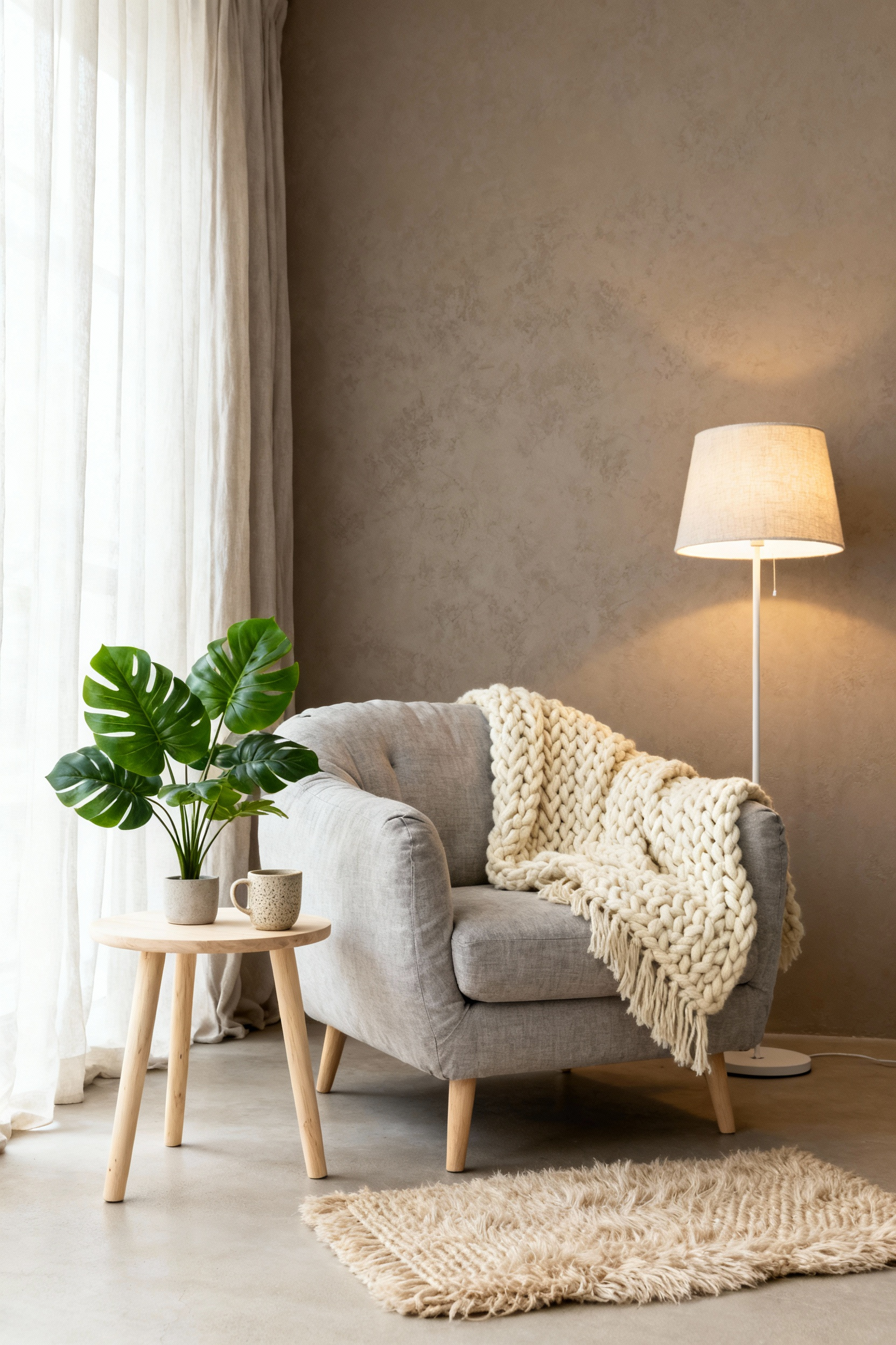 Cozy Scandinavian living room with layered natural textiles, soft warm lighting, lush green plants, and wooden furniture, evoking Hygge through sensory design.